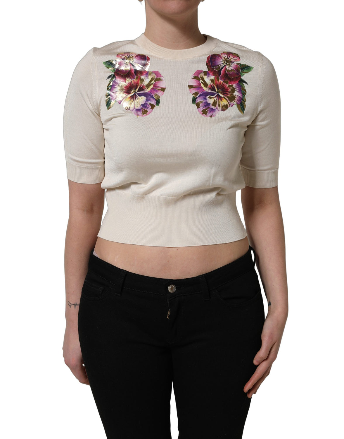 Beige Floral Print Silk CrewNeck Pullover Top