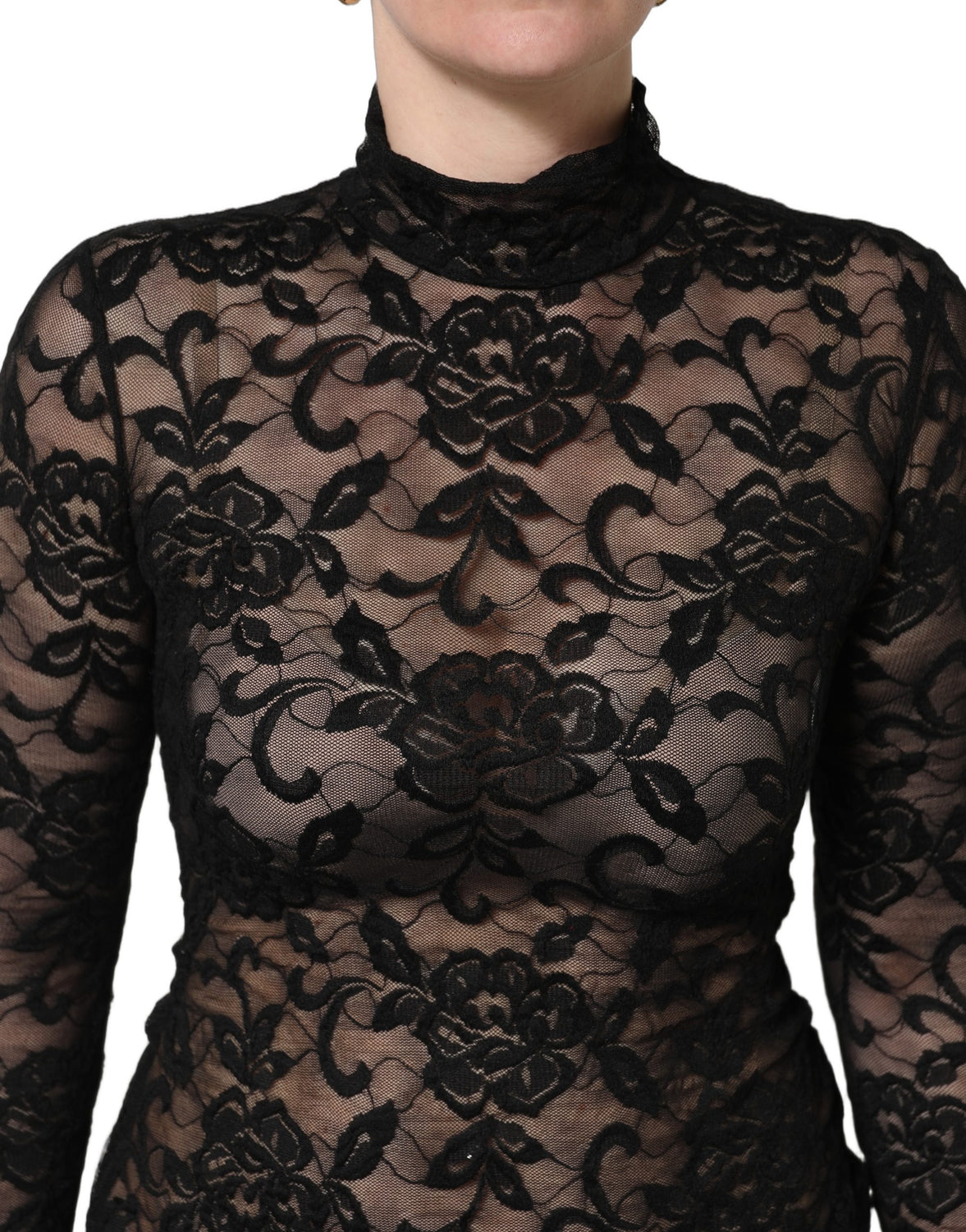 Black Floral Lace Turtle Neck Long Sleeve Top