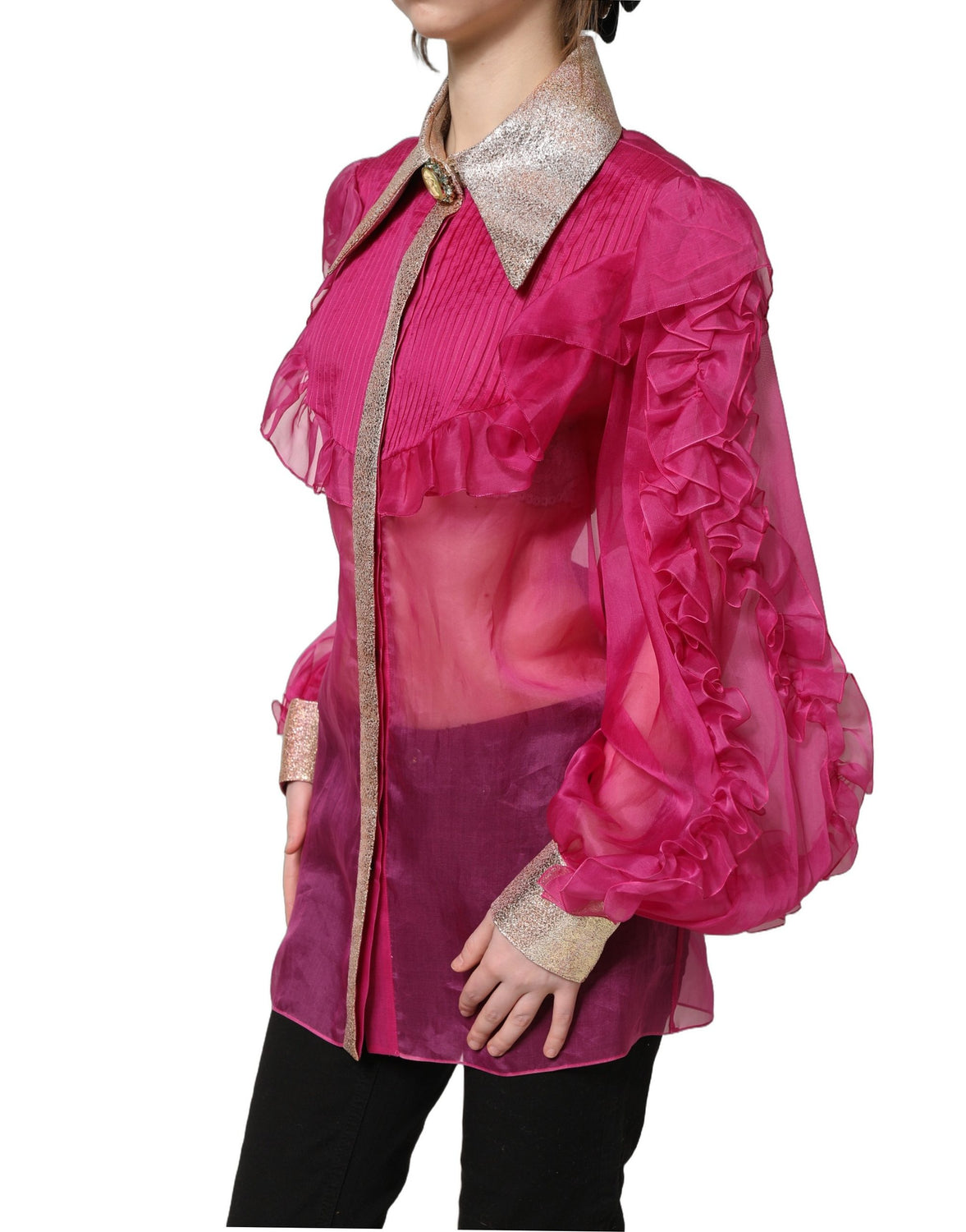 Fuchsia Sheer Chiffon Buttoned Blouse Top