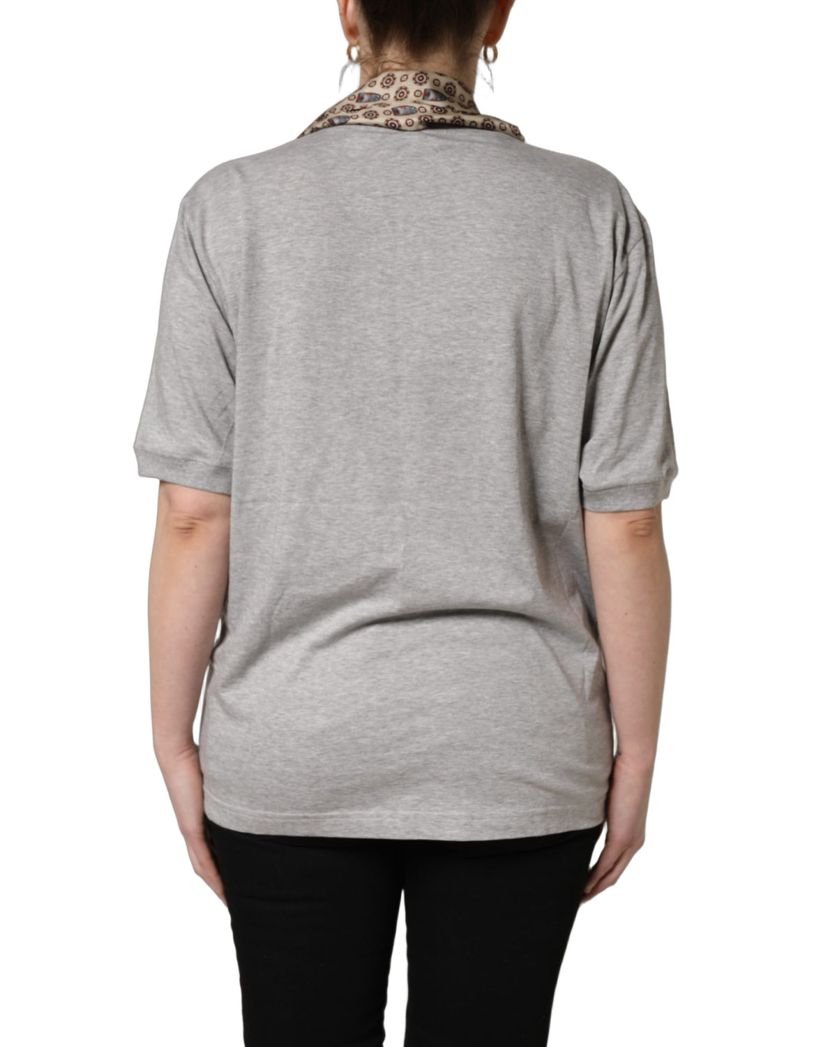 Gray Cotton V-neck Owl Silk Scarf Top T-shirt