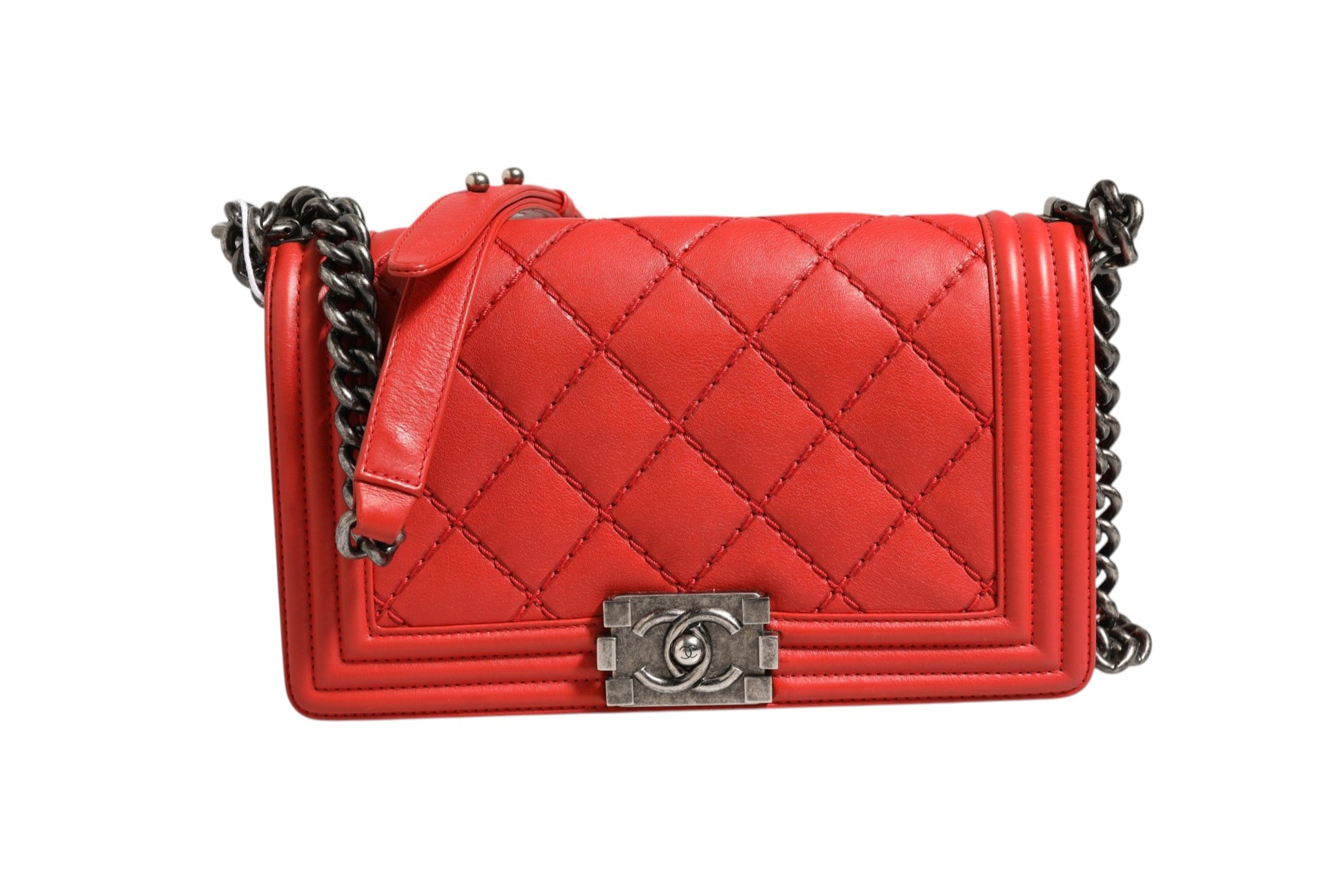 Red Diamond Stitch Calfskin Leather New Medium Boy Bag