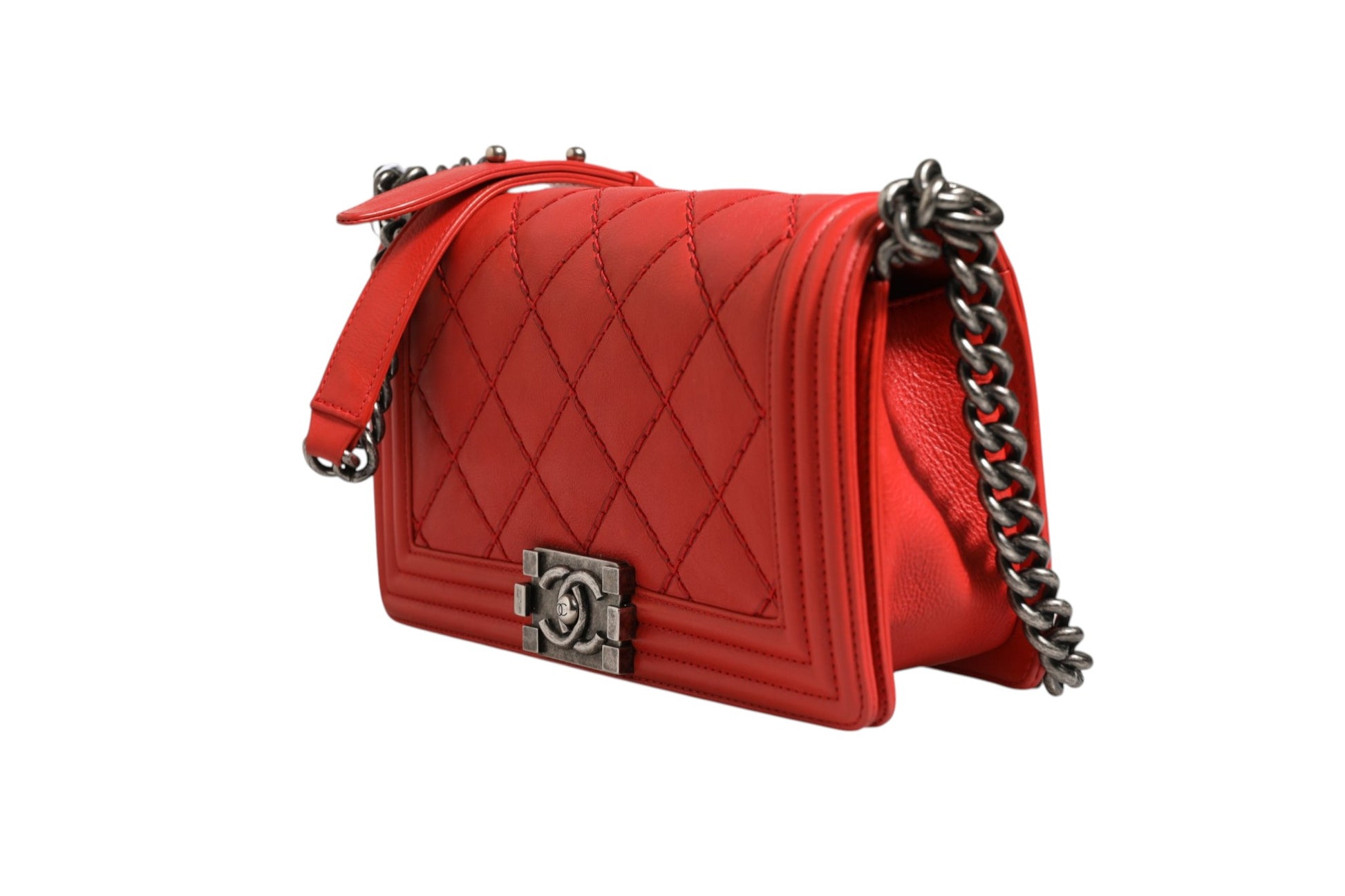 Red Diamond Stitch Calfskin Leather New Medium Boy Bag