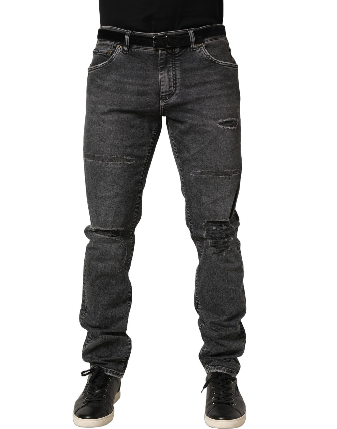 Dark Grey Distressed Mid Waist Denim Jeans