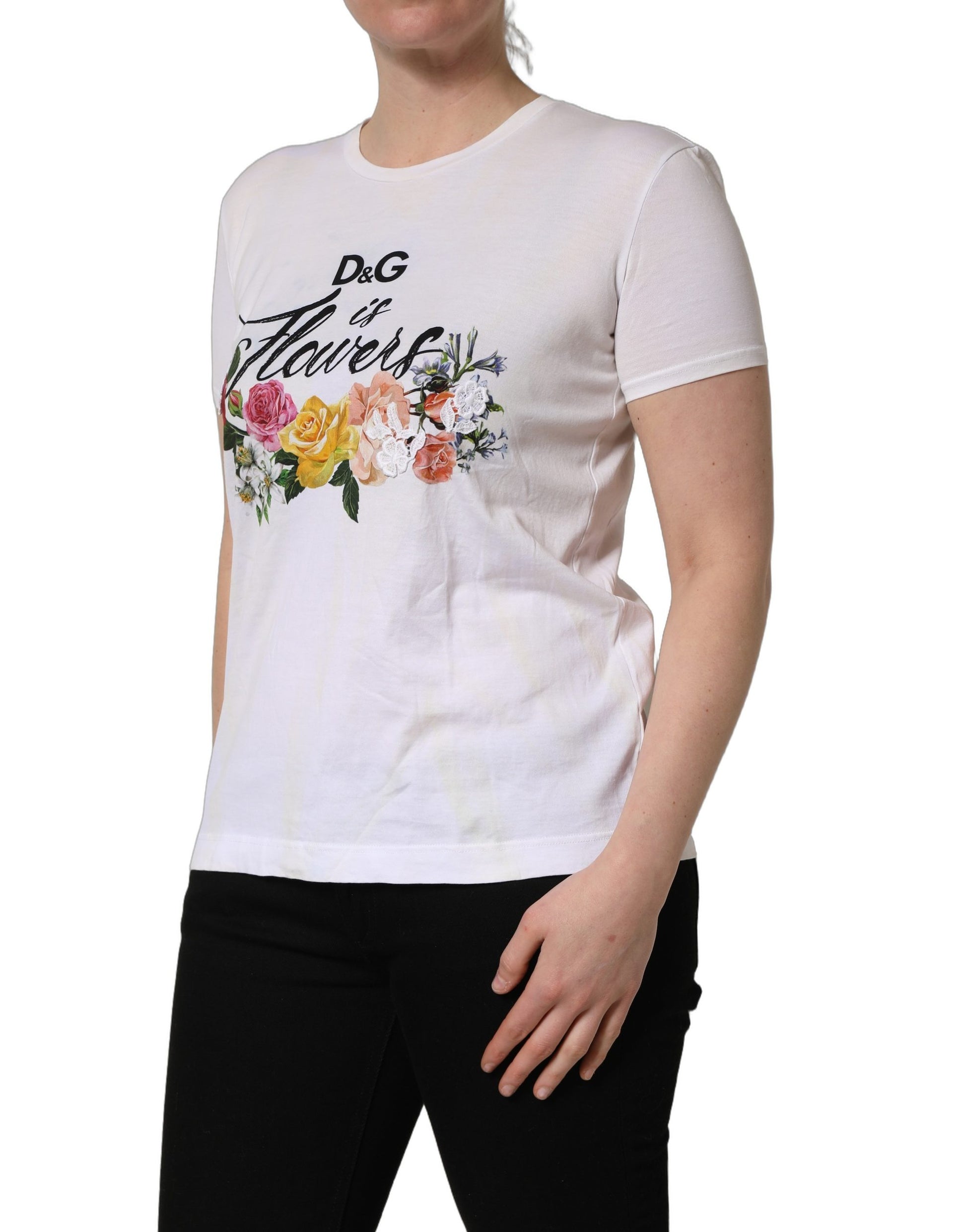 White D&G is Flowers Print Round Neck T-shirt