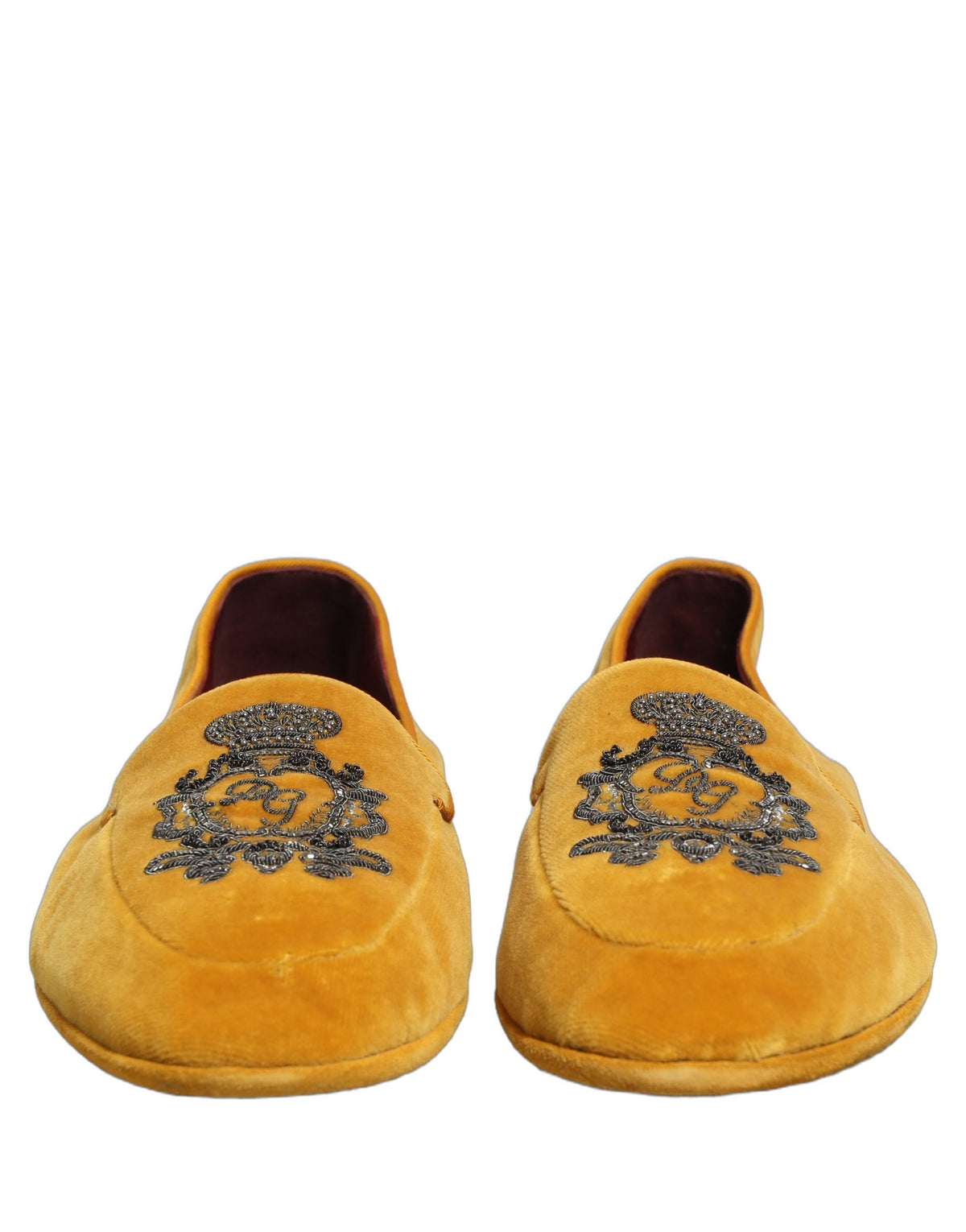Yellow Velvet Crown Embroidery Loafers Shoes