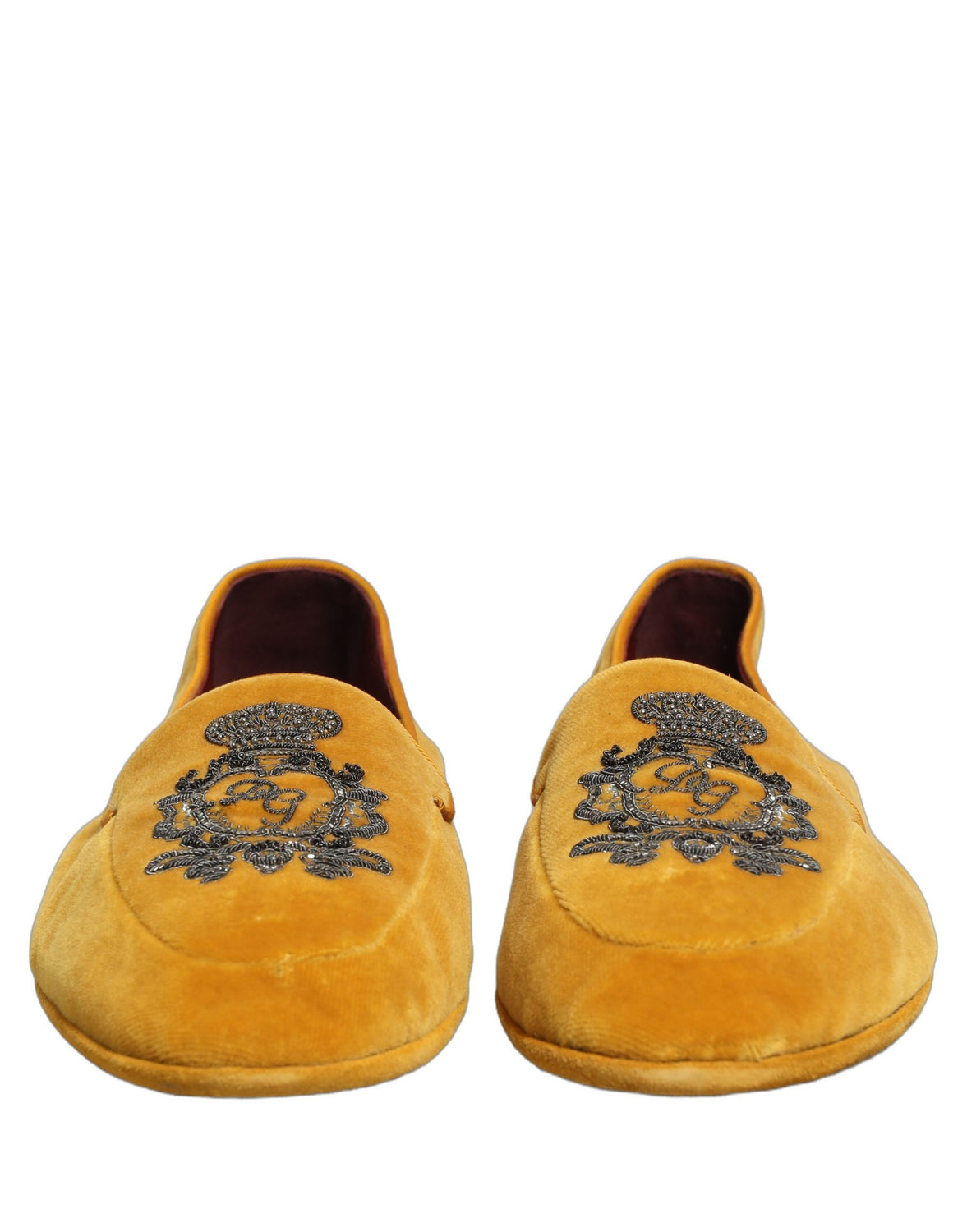 Yellow Velvet Crown Embroidery Loafers Shoes