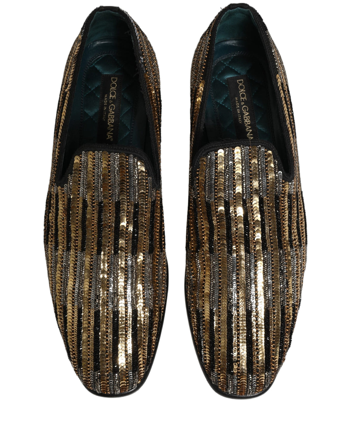 Gold Striped Sequin Embellished Loafer Shoes