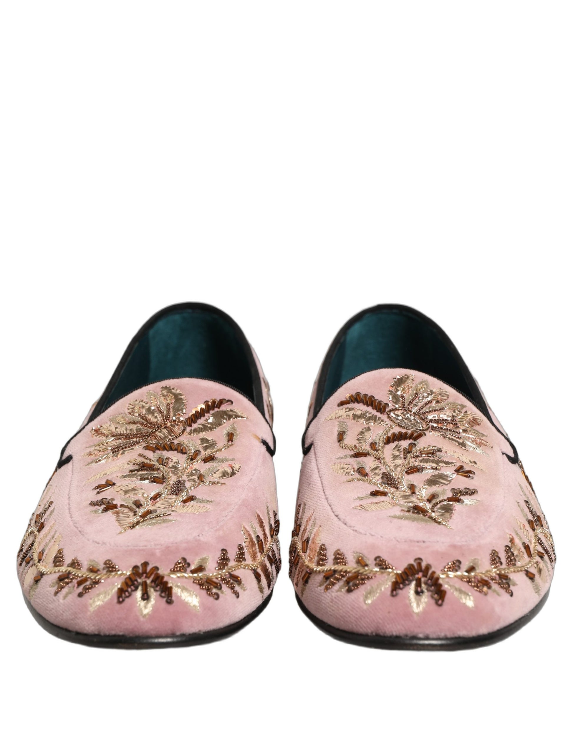 Pink Velvet Floral Embroidery Loafers Shoes
