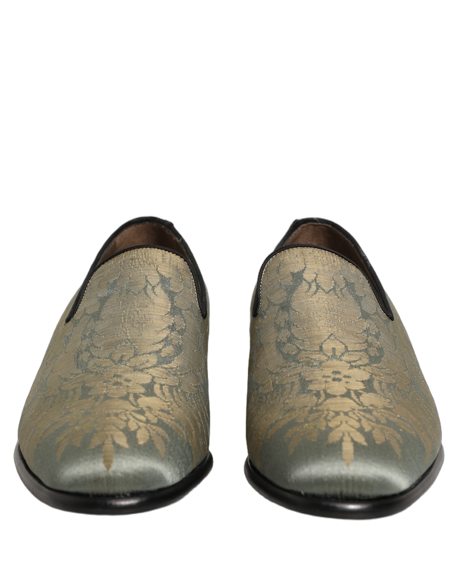 Gold Floral Jacquard Slip On Loafers Shoes