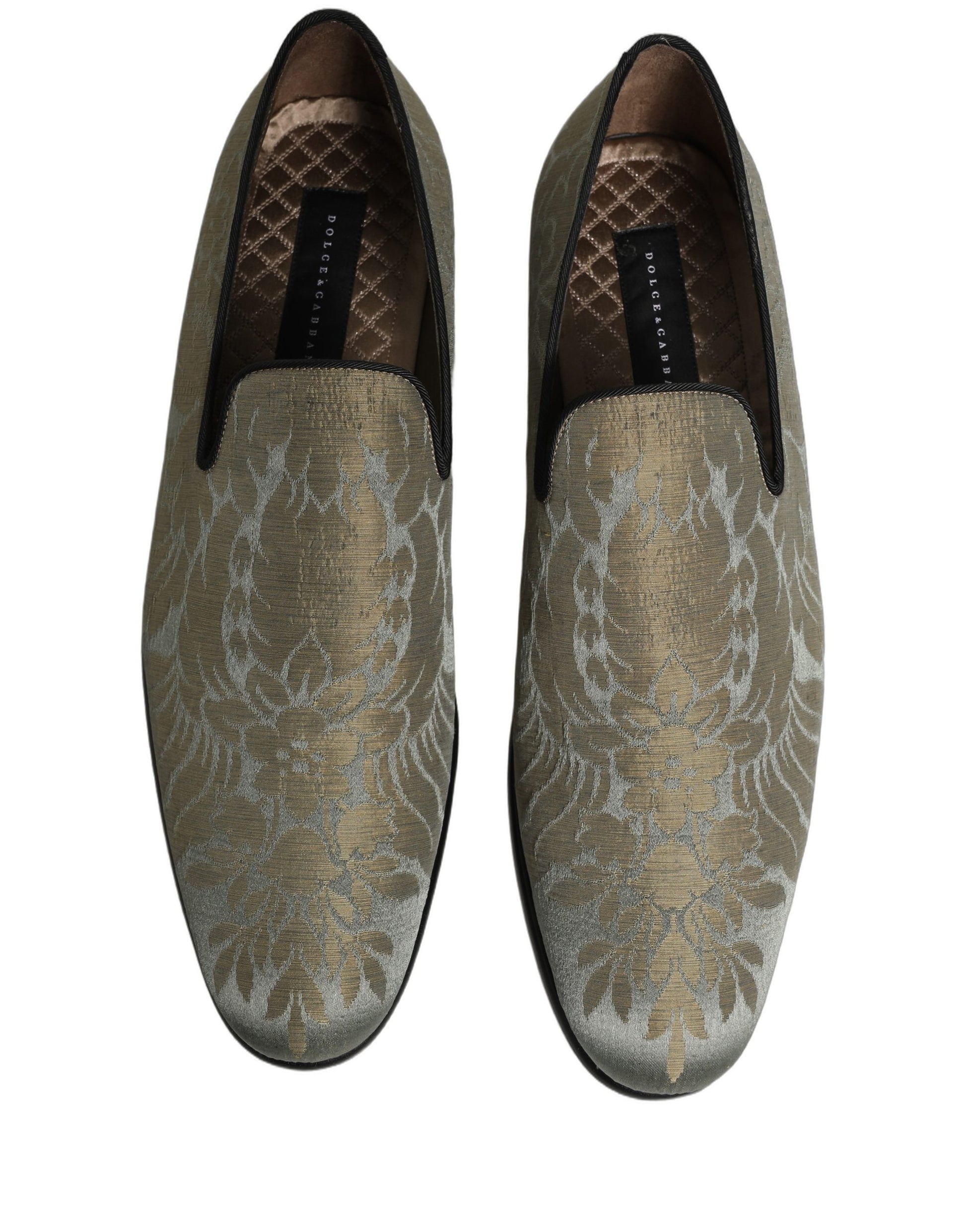 Gold Floral Jacquard Slip On Loafers Shoes