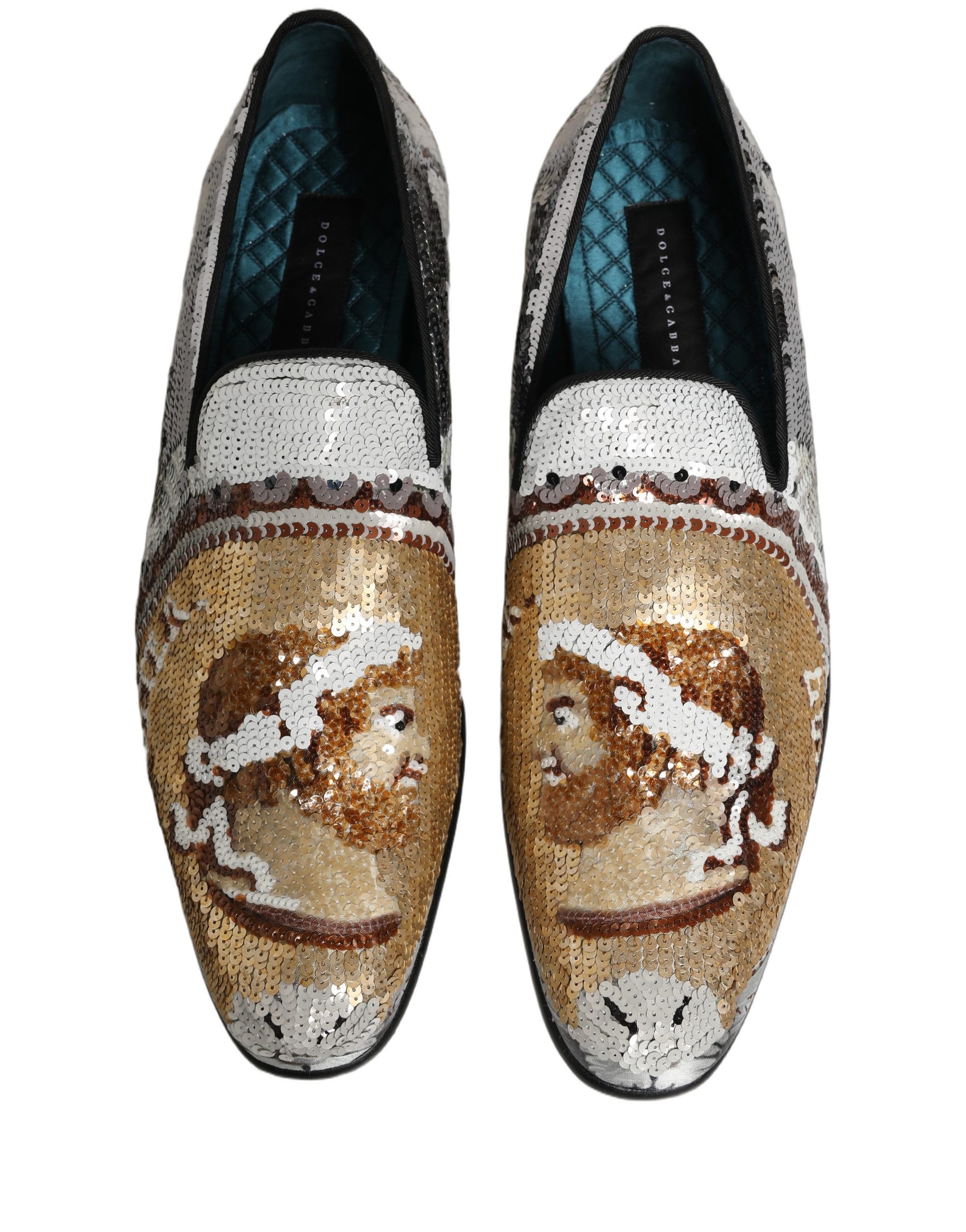 White Gold Sequined Slip On Loafers Shoes