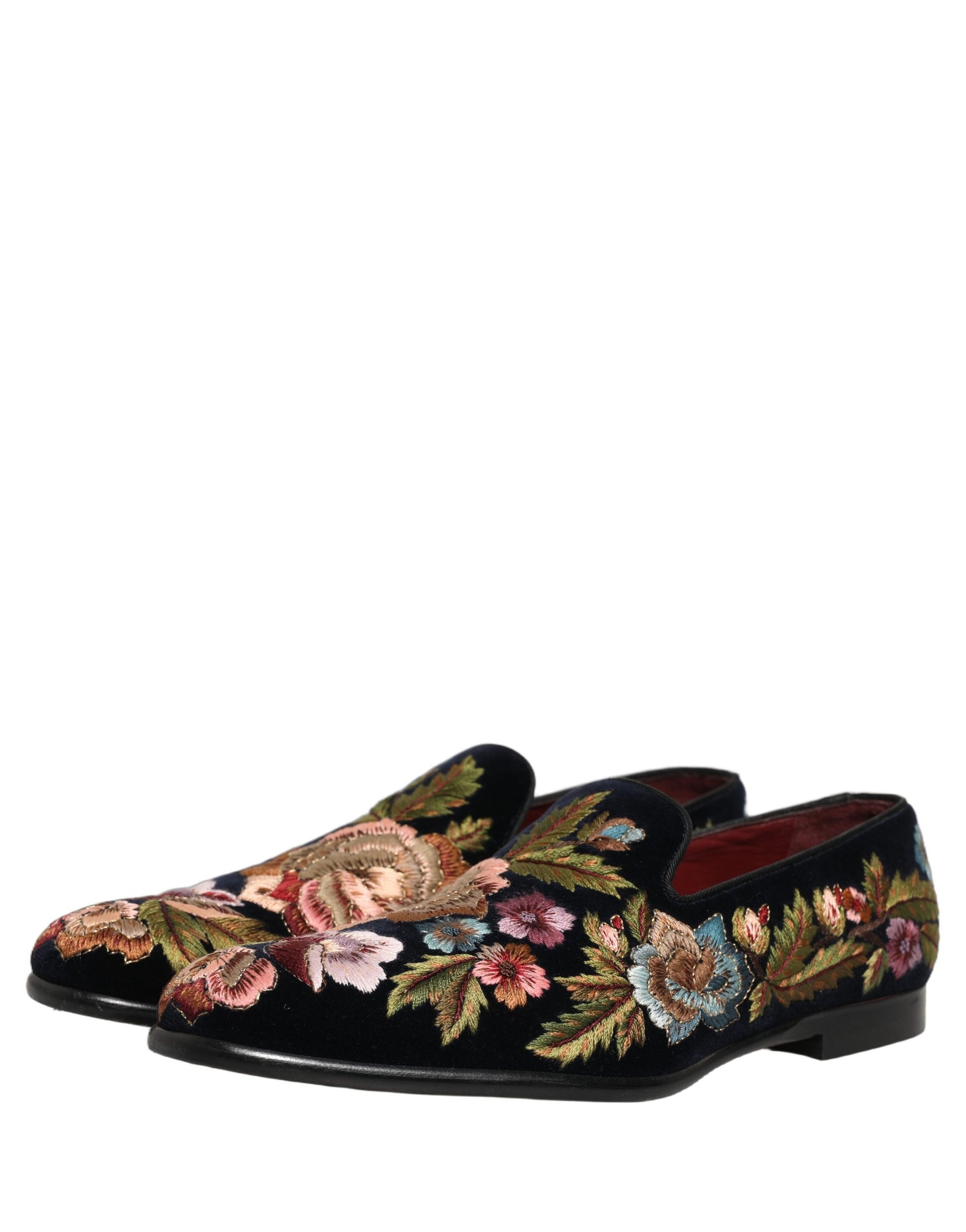 Black Velvet Floral Embroidery Loafers Shoes