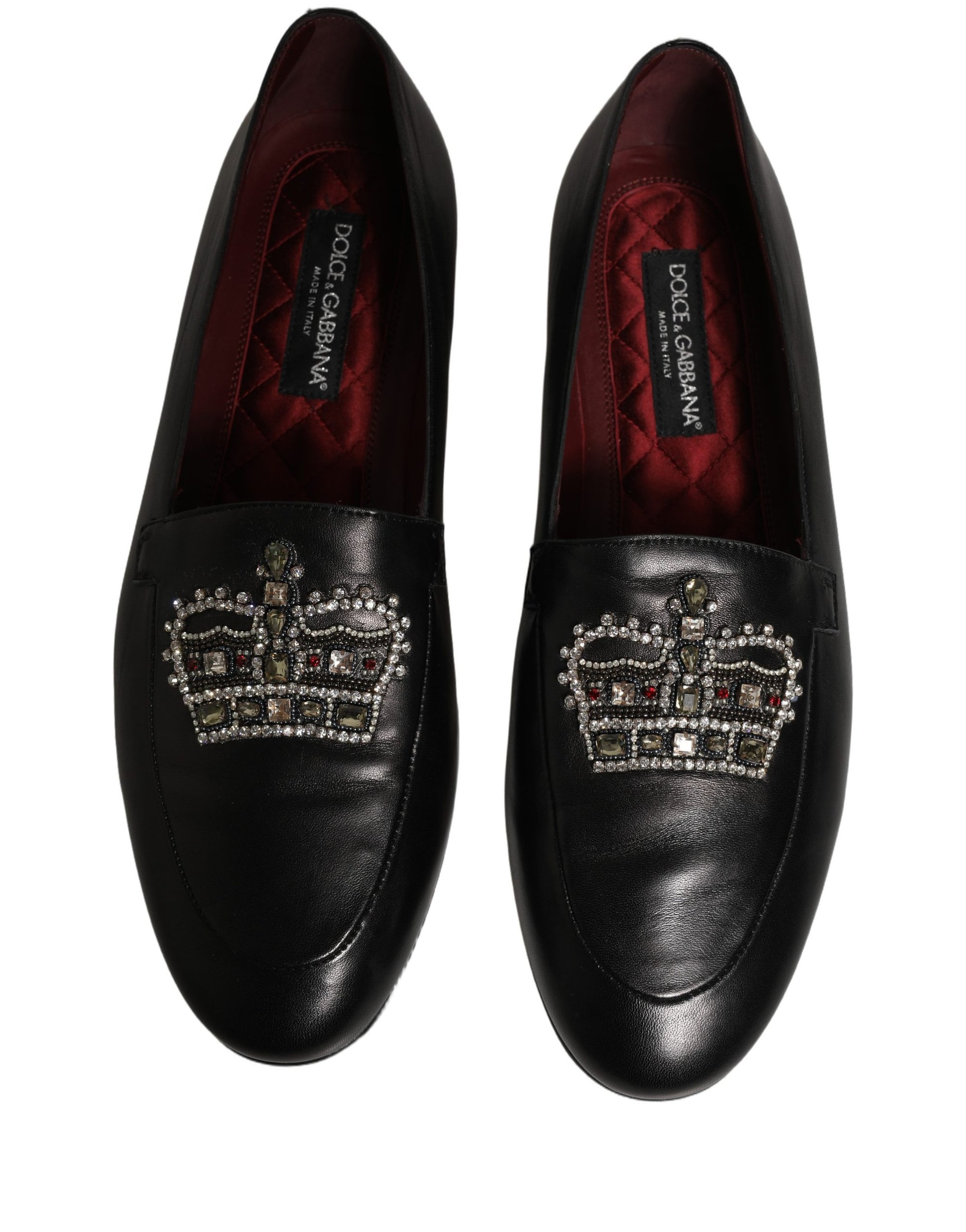 Black Leather Crown Embellished Loafers Shoes