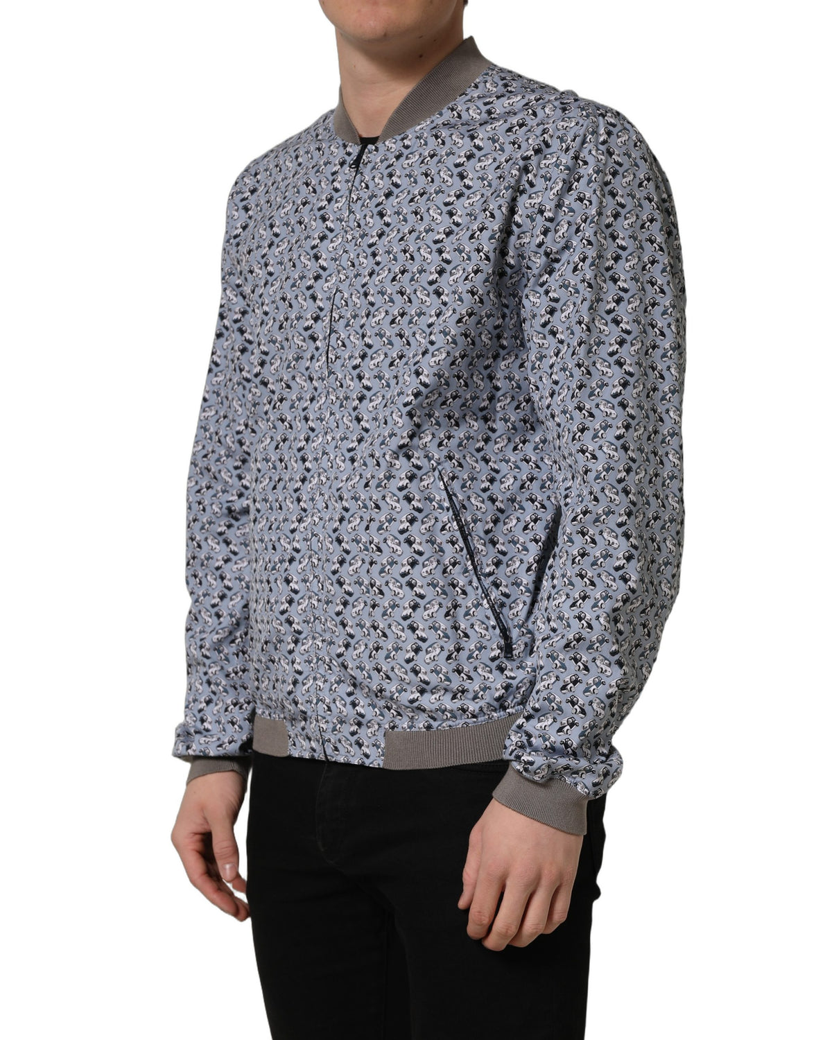 Light Blue Cotton Car Print Bomber Jacket