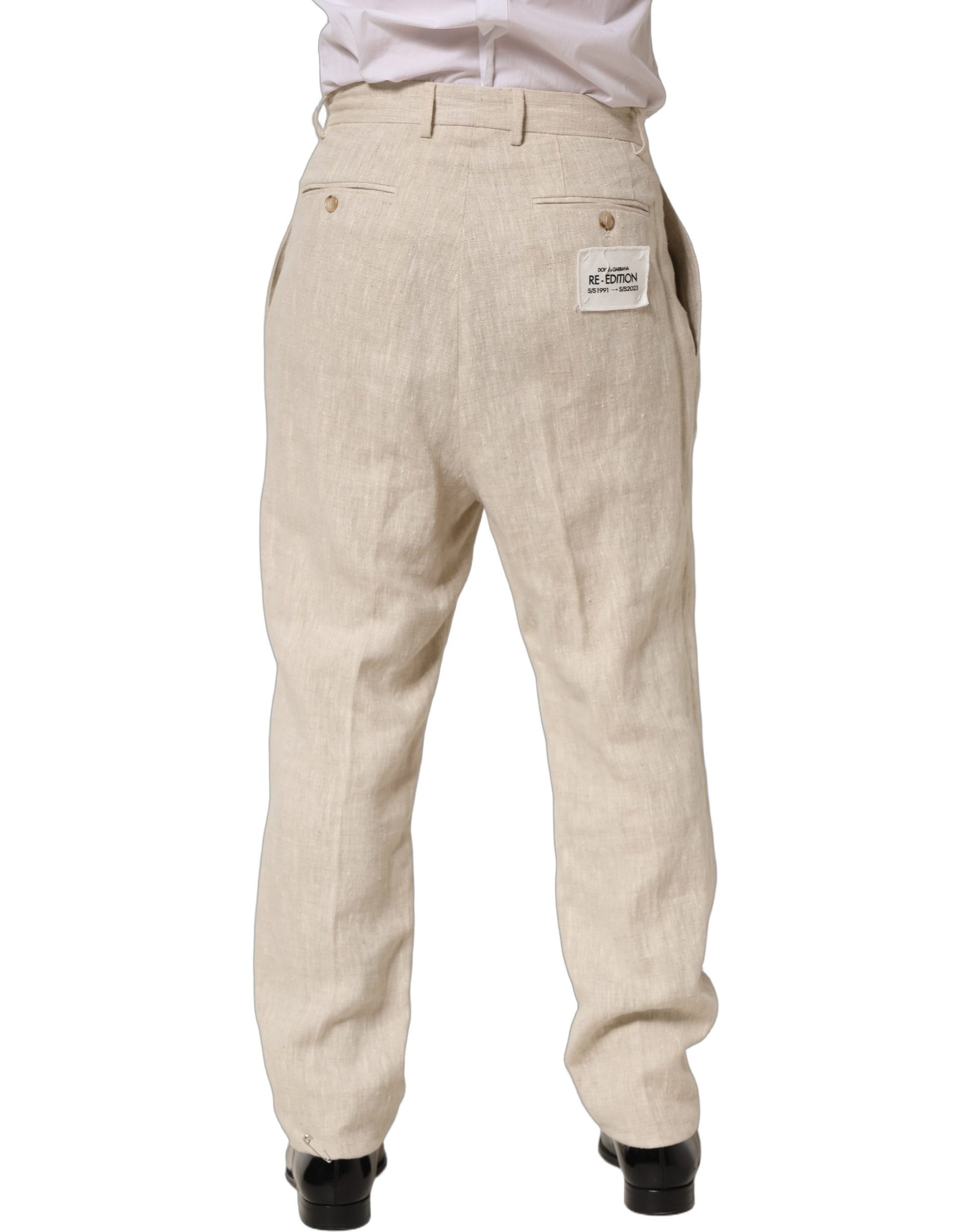 Beige Linen Tapered Men Dress Trouser Pants