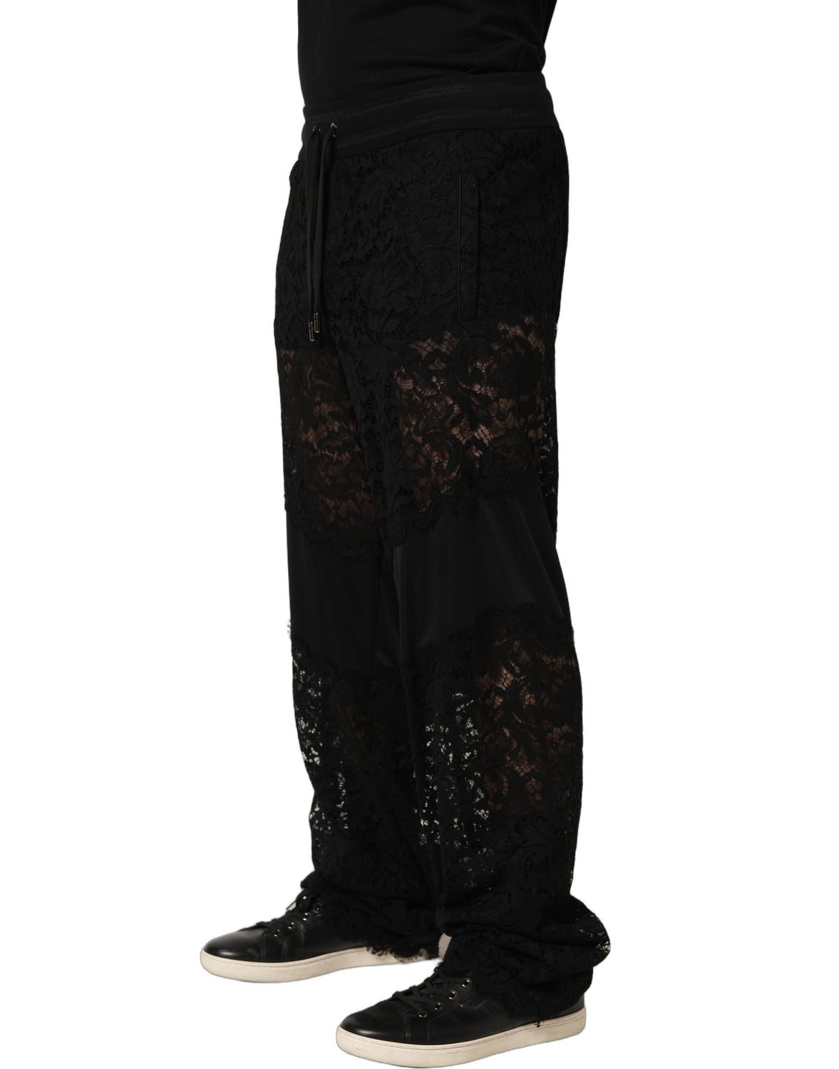 Black Lace Mid Waist Jogger Men Trouser Pants
