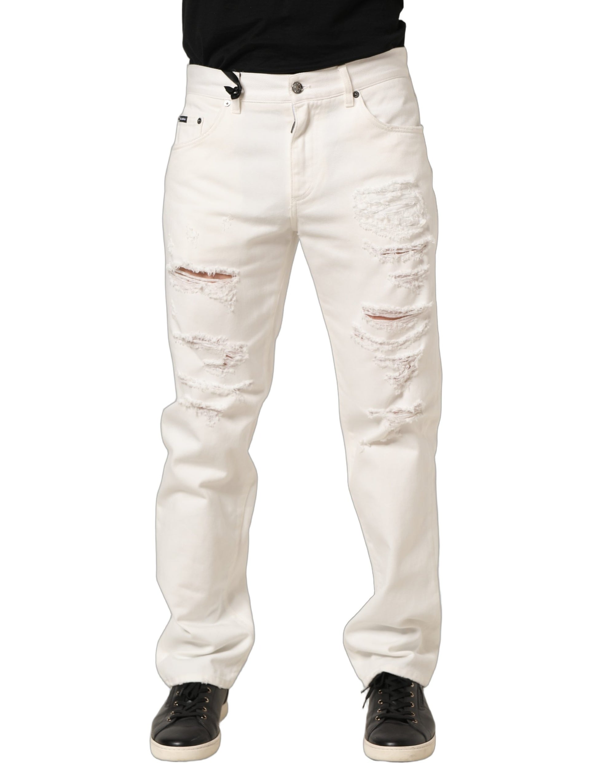 White Cotton Distressed Straight Denim Jeans