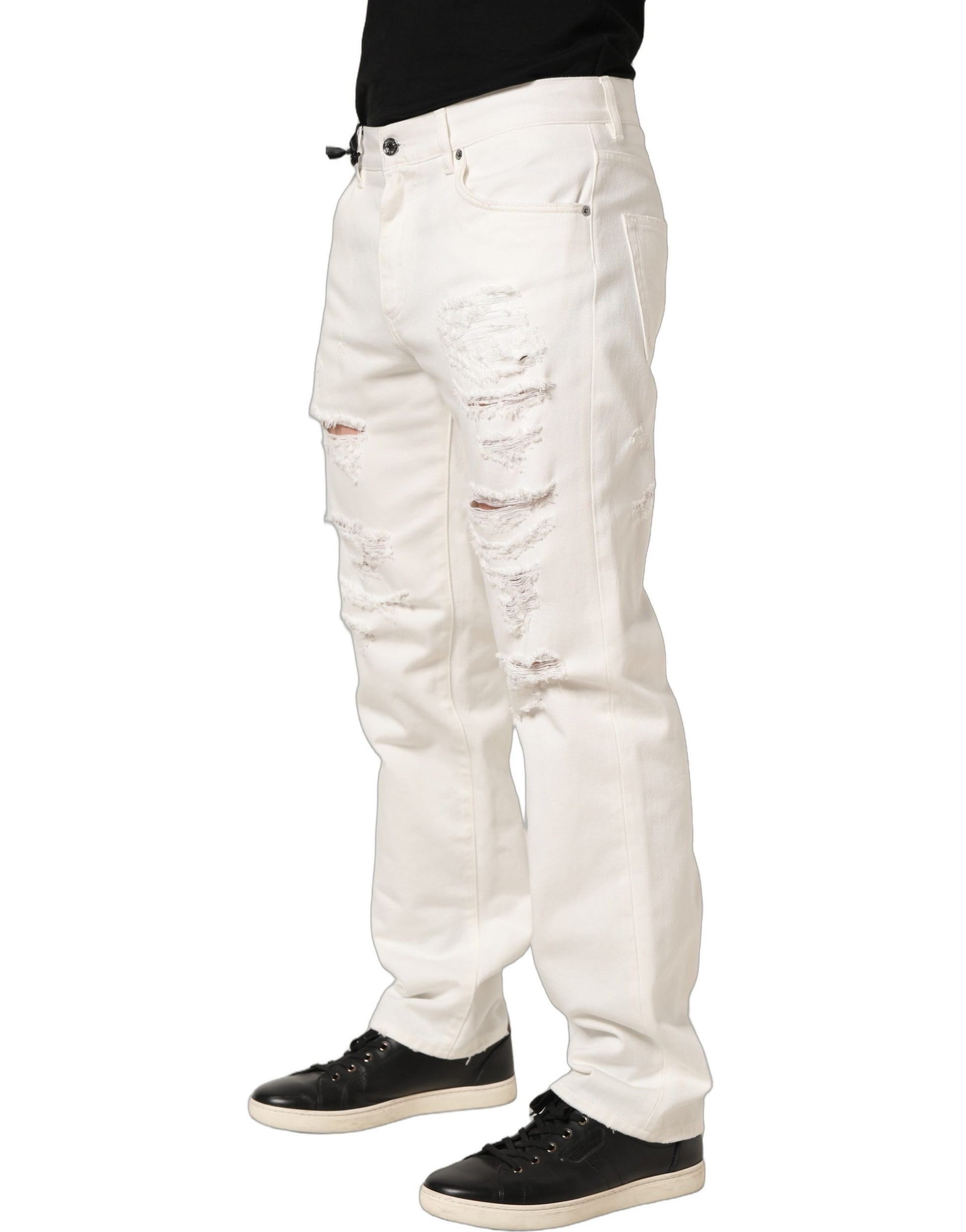 White Cotton Distressed Straight Denim Jeans