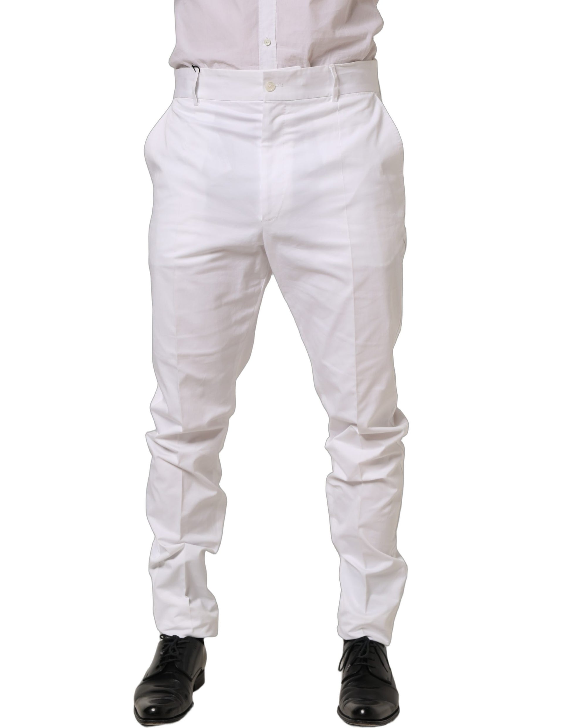 White Cotton Tapered Leg Dress Trouser Pants