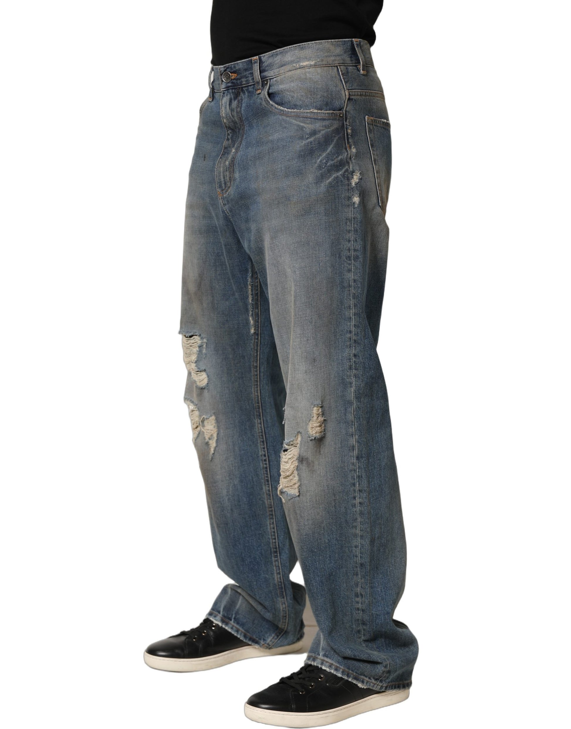 Blue Cotton Distressed Straight Denim Jeans