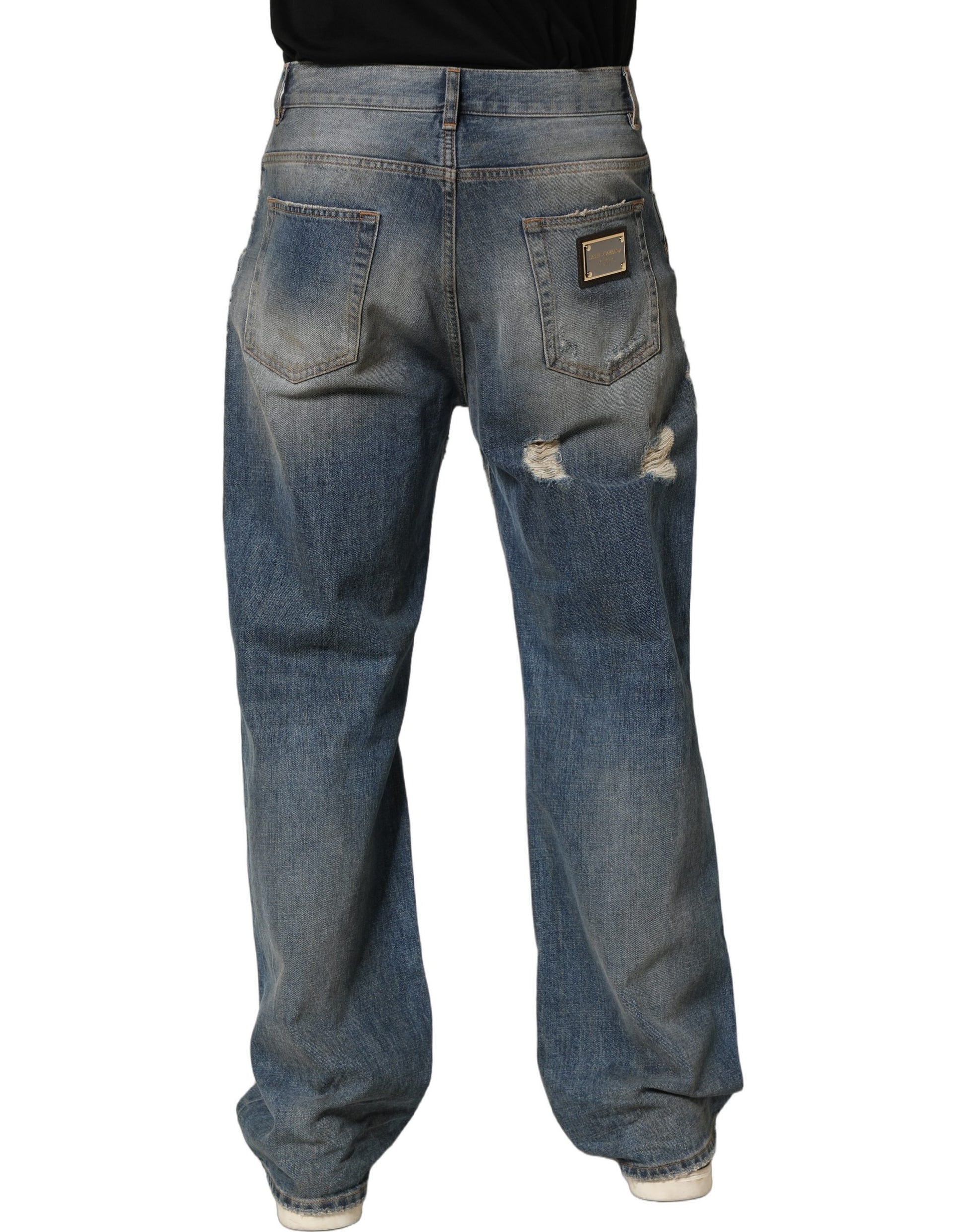 Blue Cotton Distressed Straight Denim Jeans