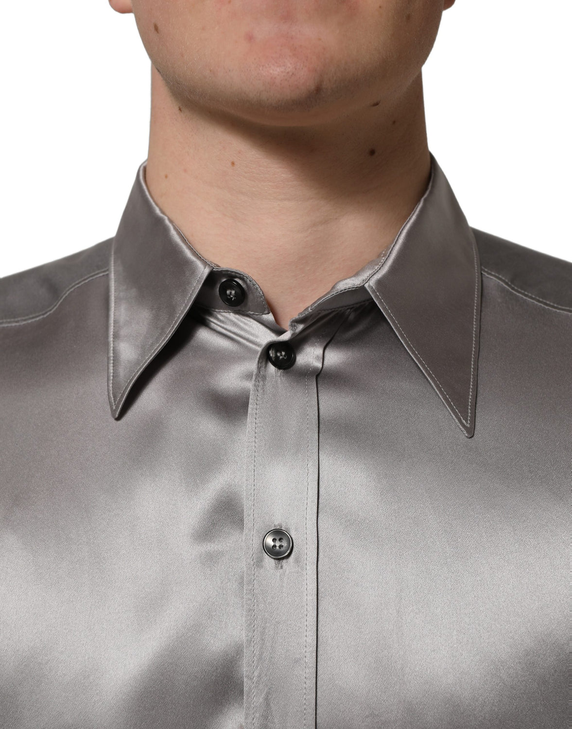 Metallic Grey Satin Silk Formal Dress Shirt
