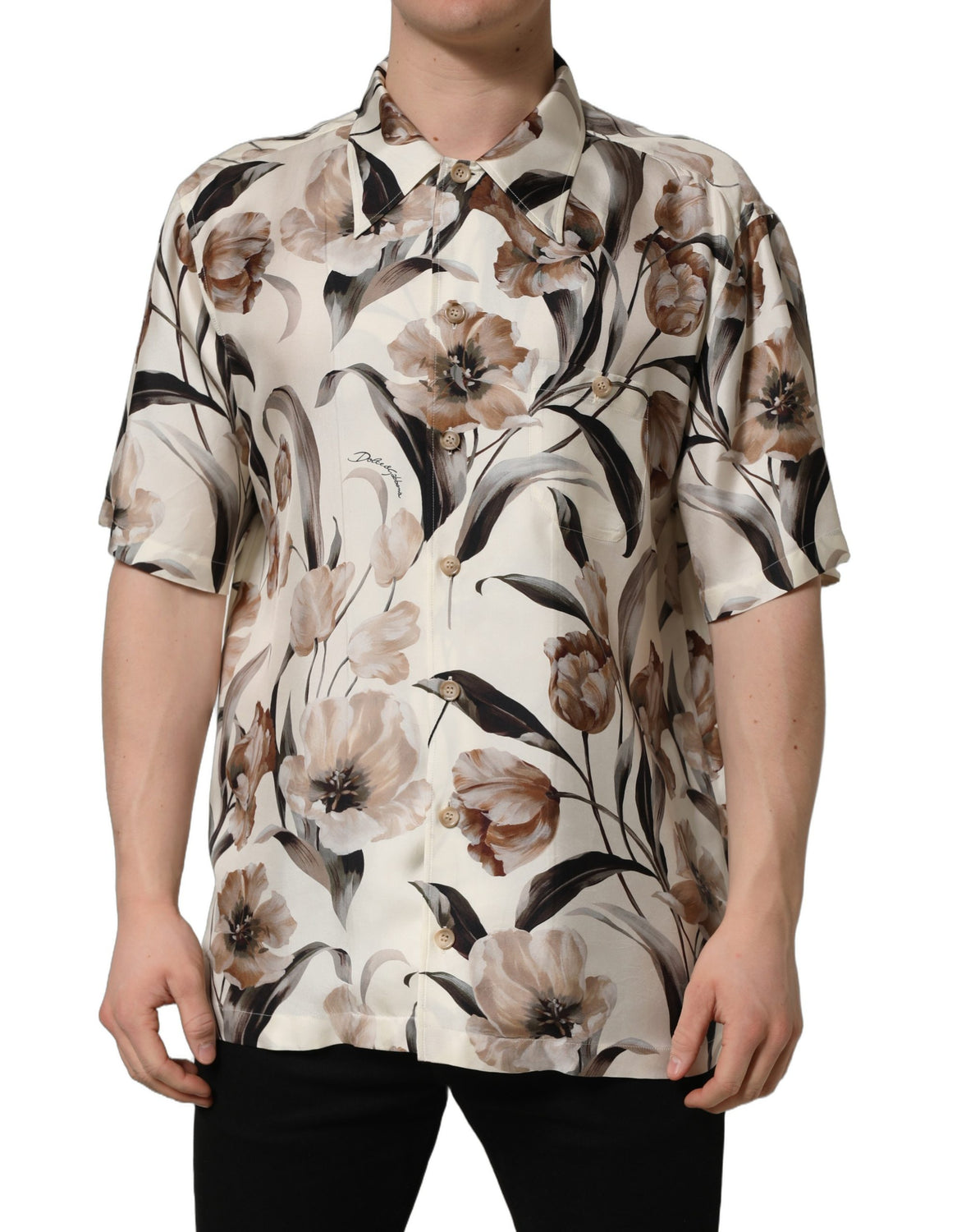 Beige Tulip Print Silk Short Sleeves Shirt