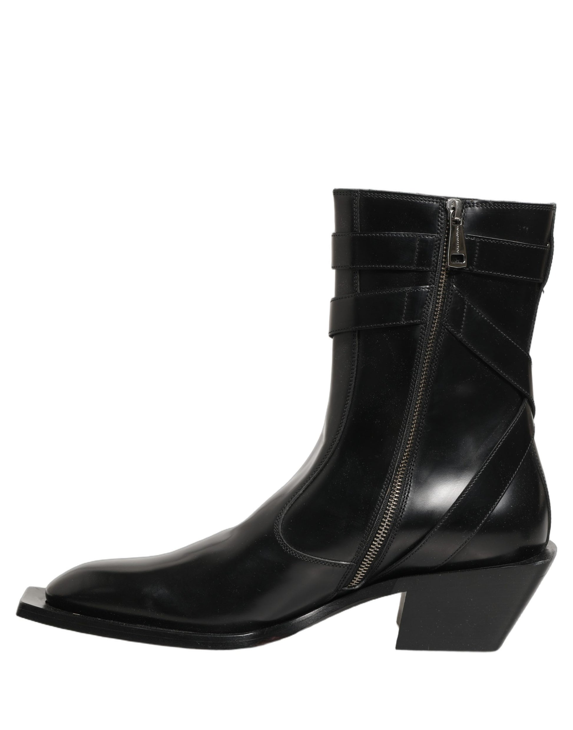 Black Leather DG Plaque Mid Calf Boots Shoes
