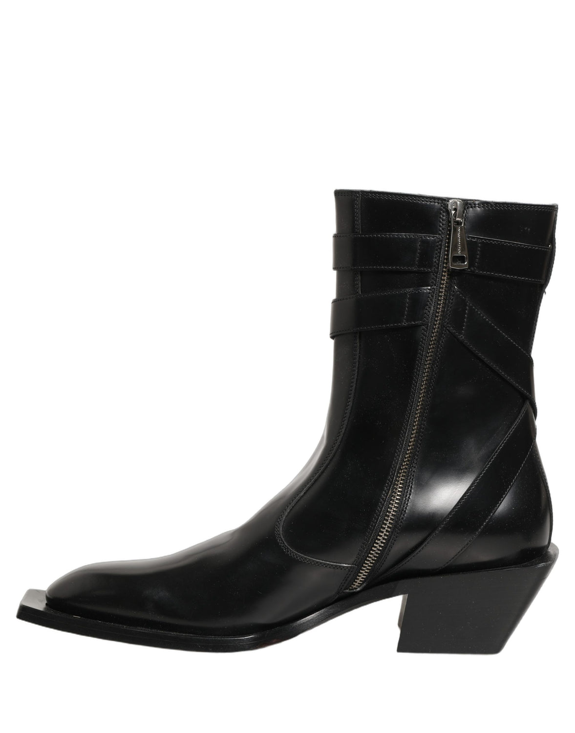 Black Leather DG Plaque Mid Calf Boots Shoes