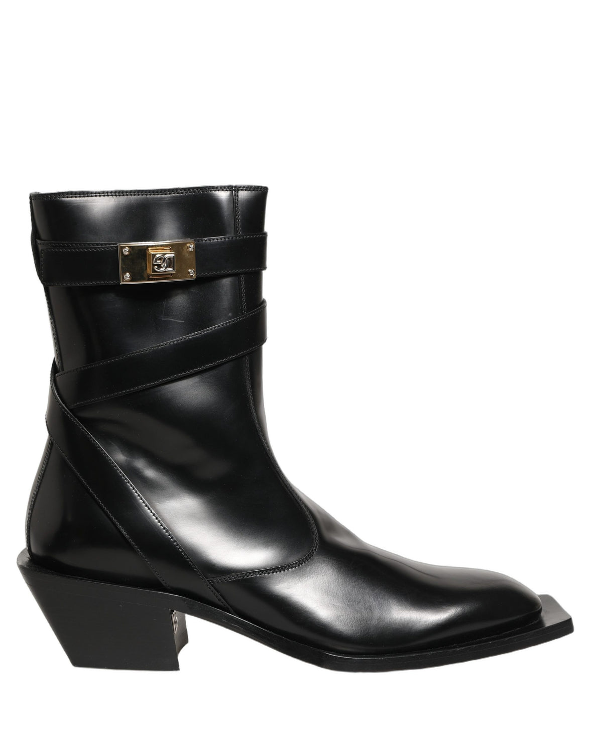Black Leather DG Plaque Mid Calf Boots Shoes