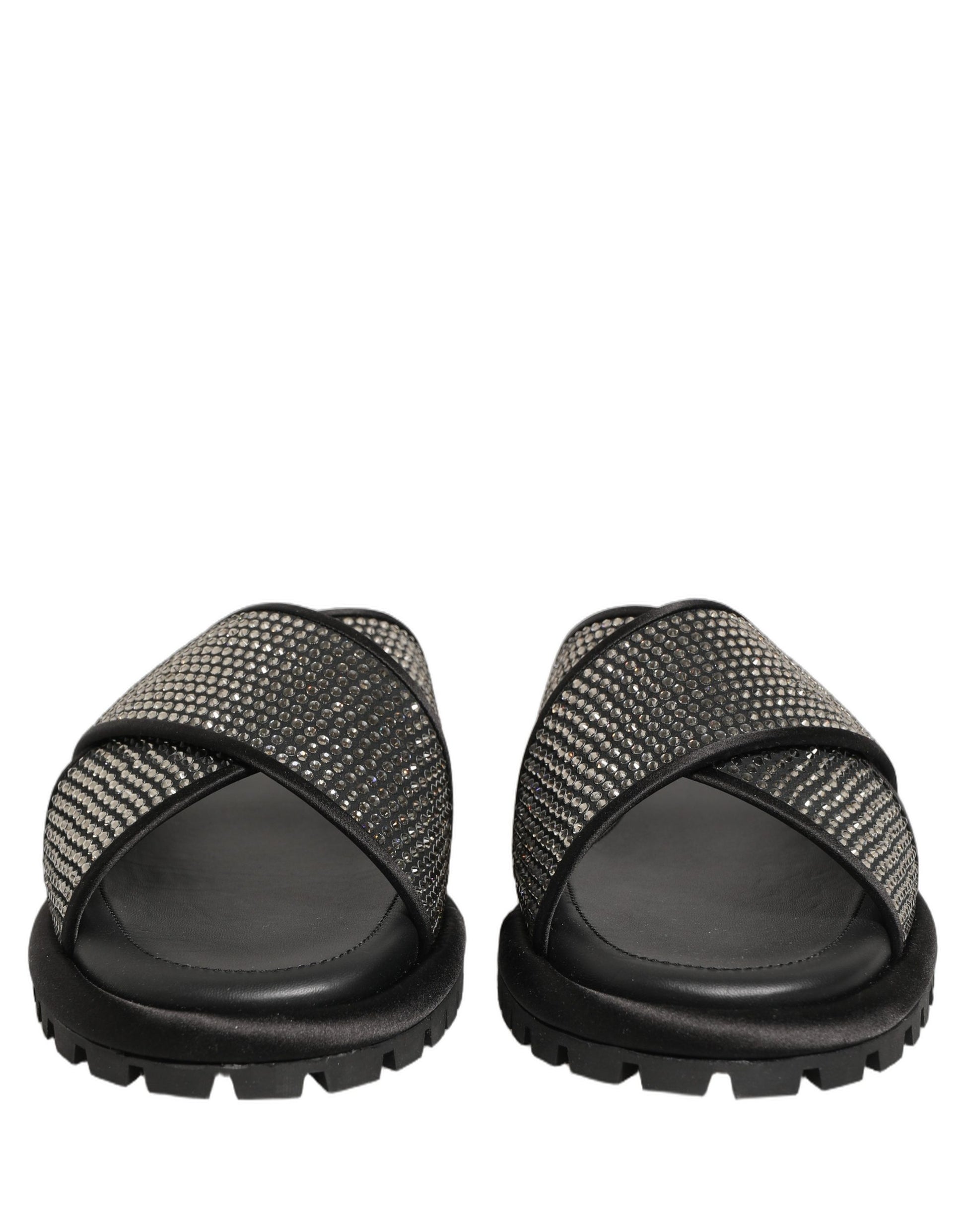 Black Strass Criss Cross Slide Sandals Shoes