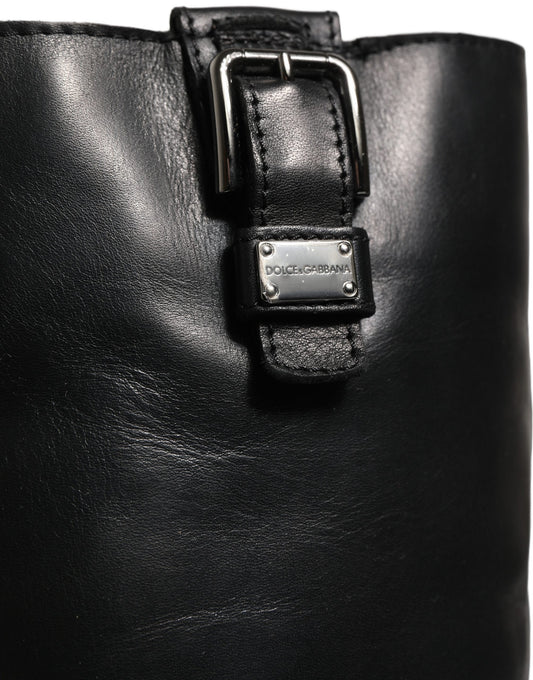 Black Leather Buckle Detail Mid Calf Boots Shoes