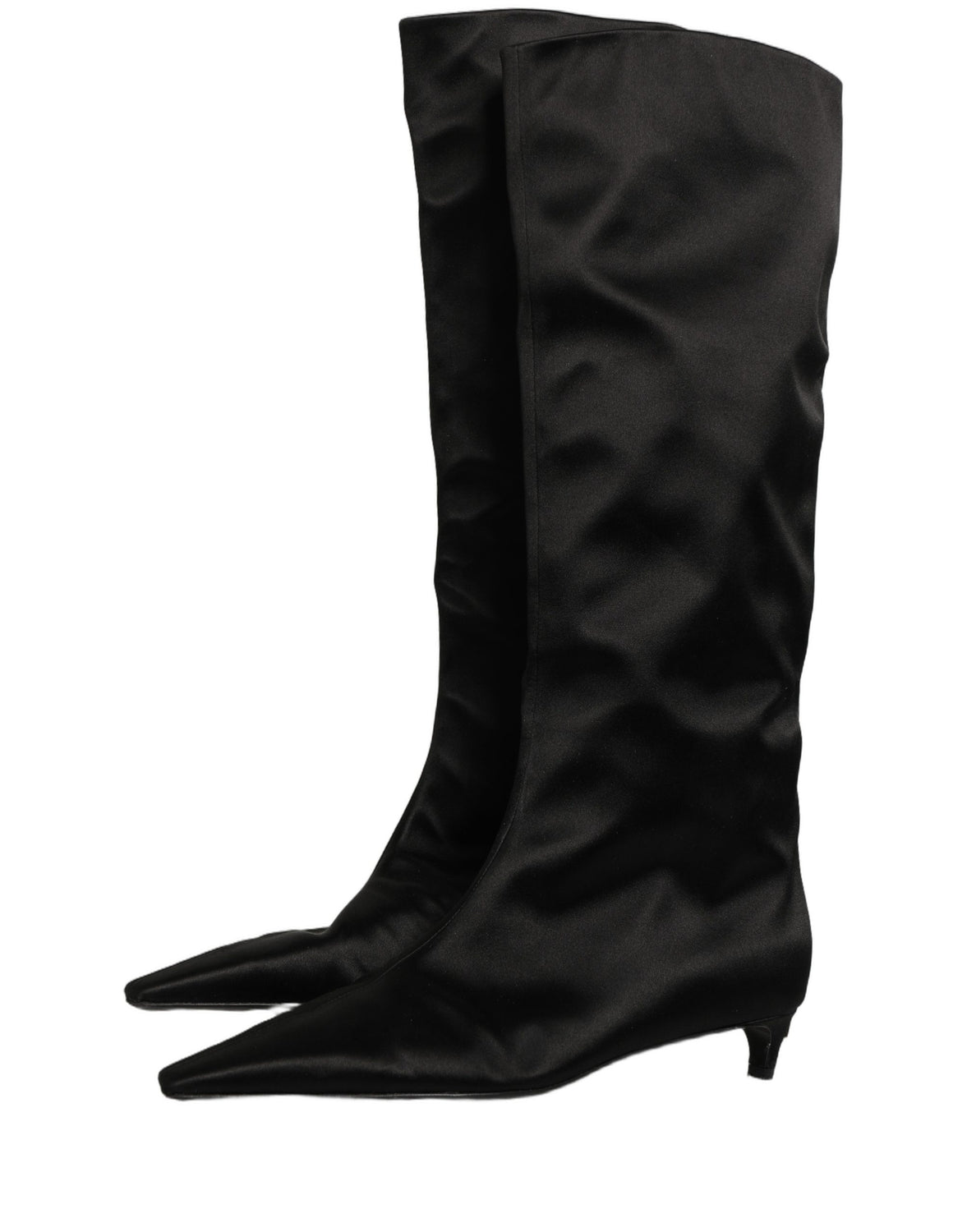 Black Satin Knee High Kitten Boots Shoes