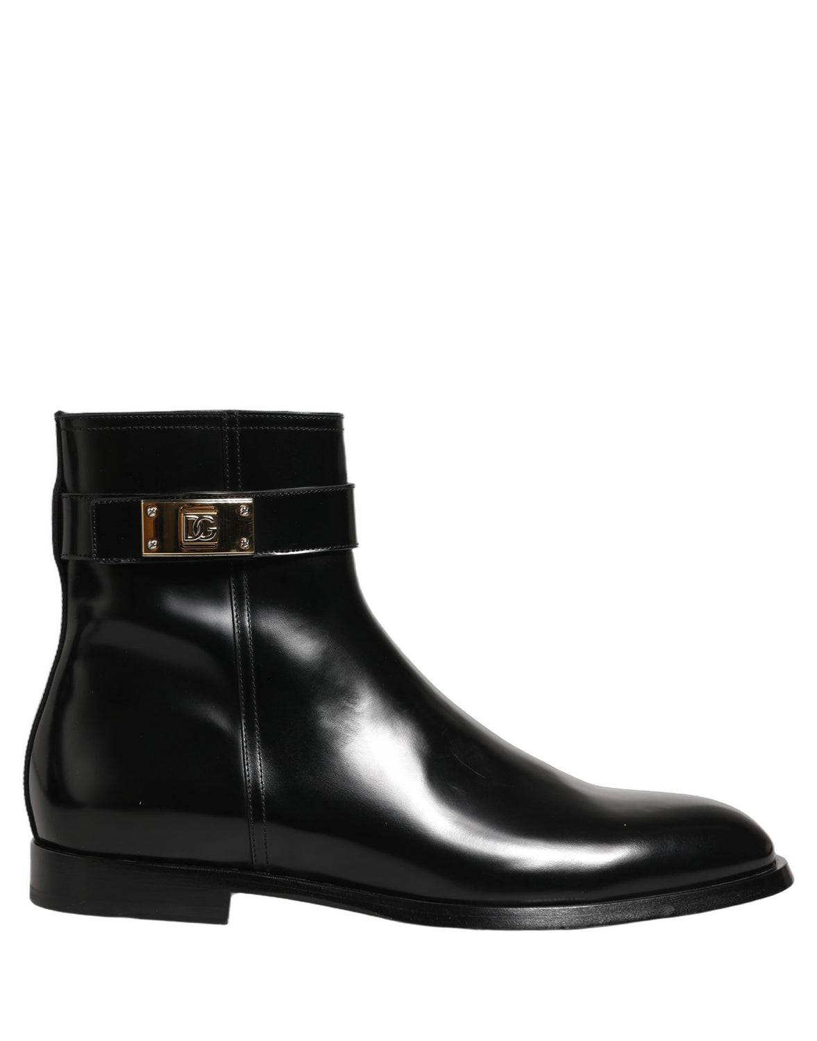 Black Leather Logo Buckle Mid Calf Boots Shoes