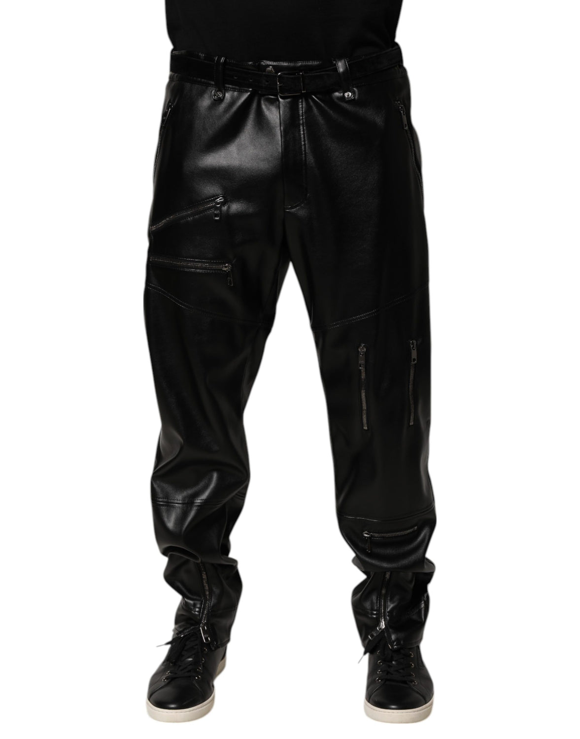 Black PU Leather Zipper Men Trouser Pants