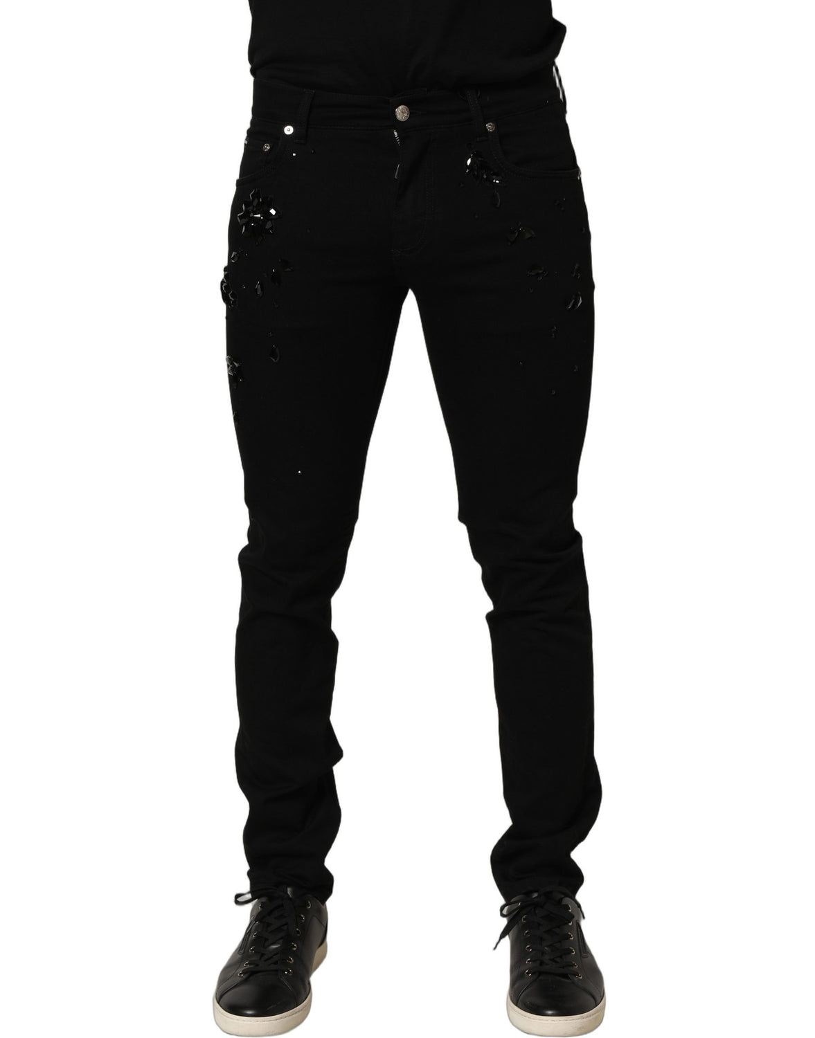 Black Embellished Cotton Skinny Denim Jeans