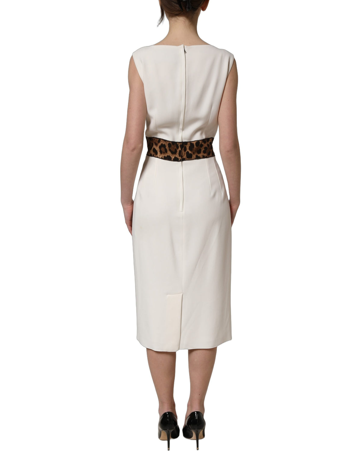 White Leopard Sleeveless Sheath Midi Dress