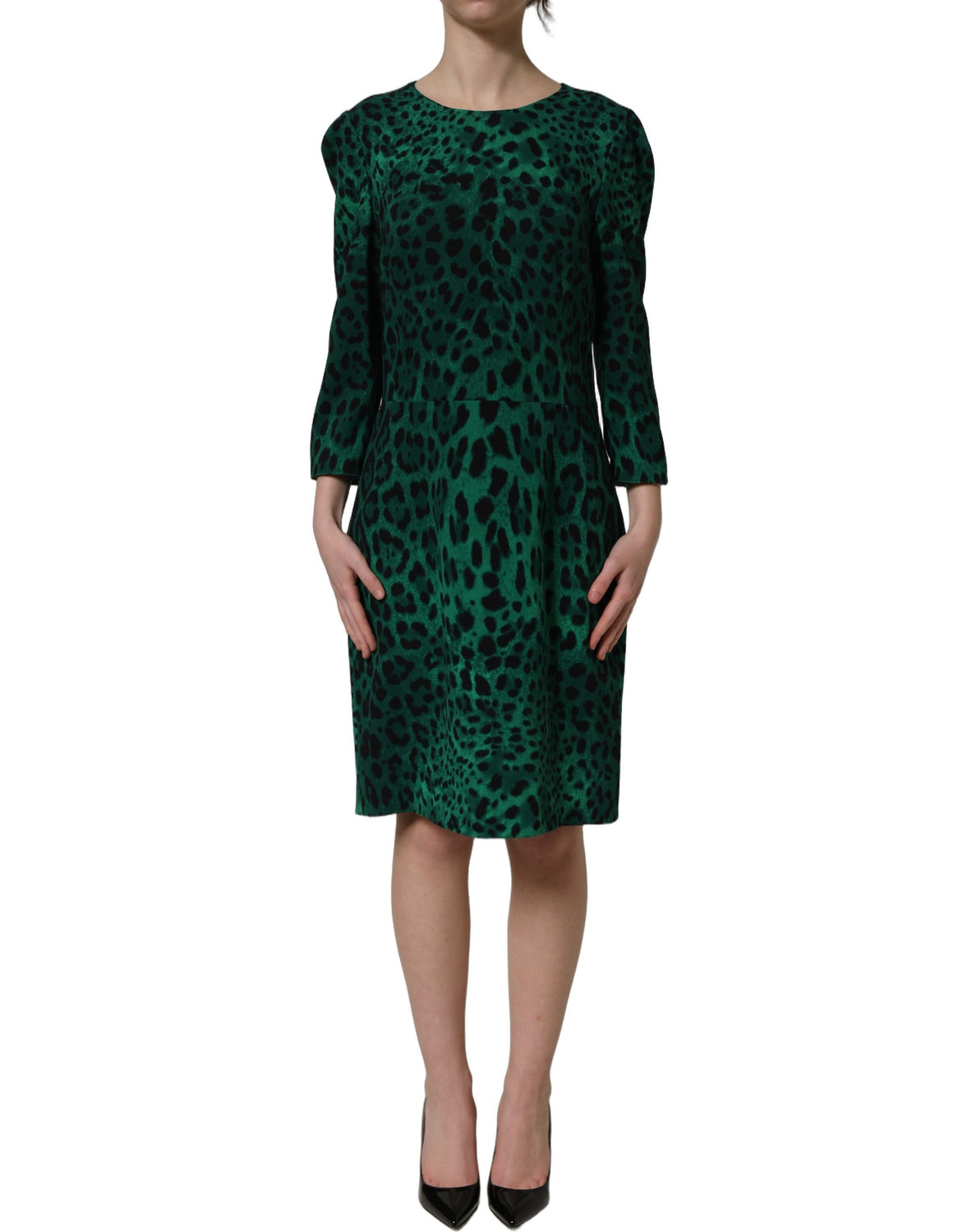 Green Leopard Print Silk Knee Length Dress
