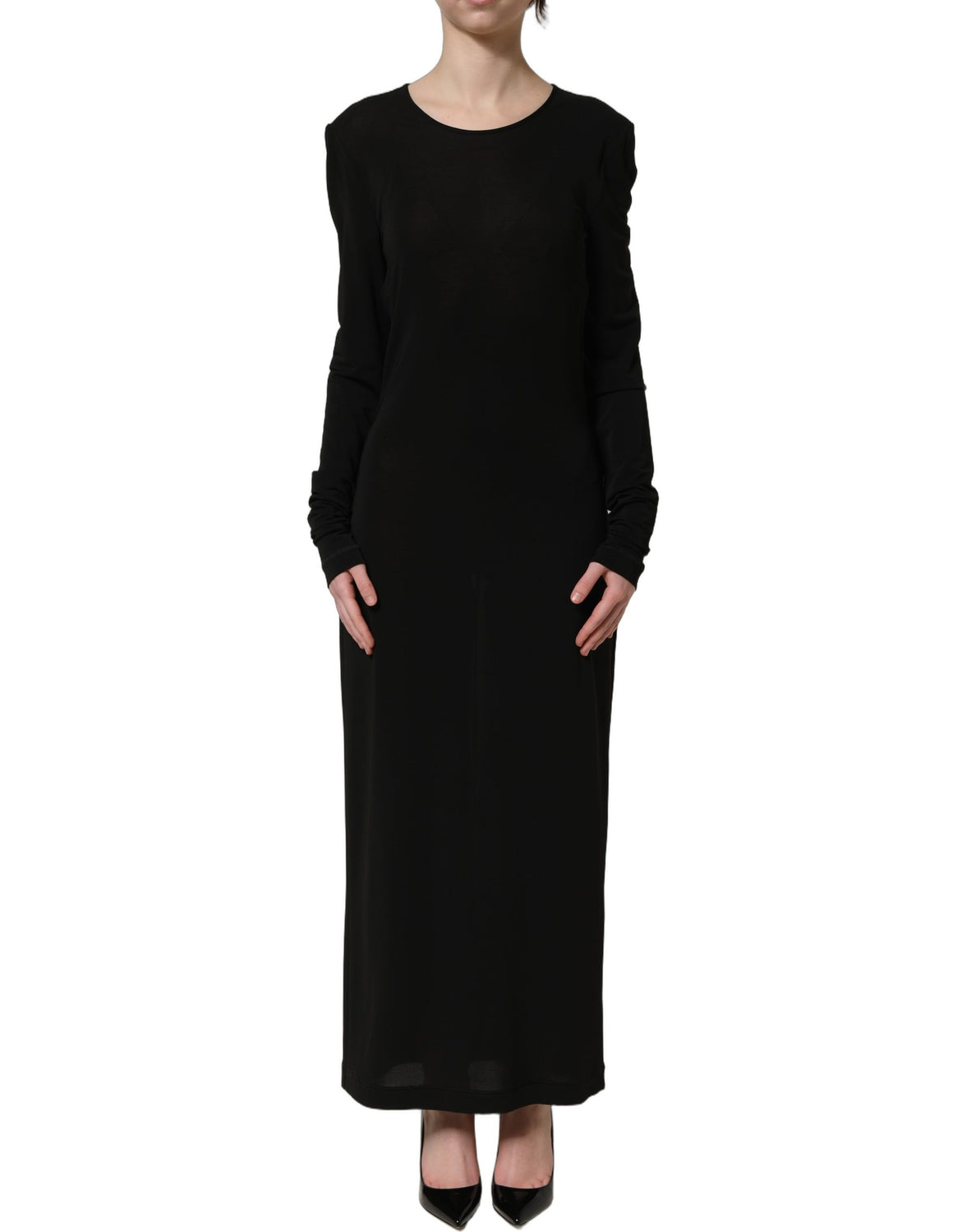 Black Cotton Long Sleeves Sheath Maxi Dress
