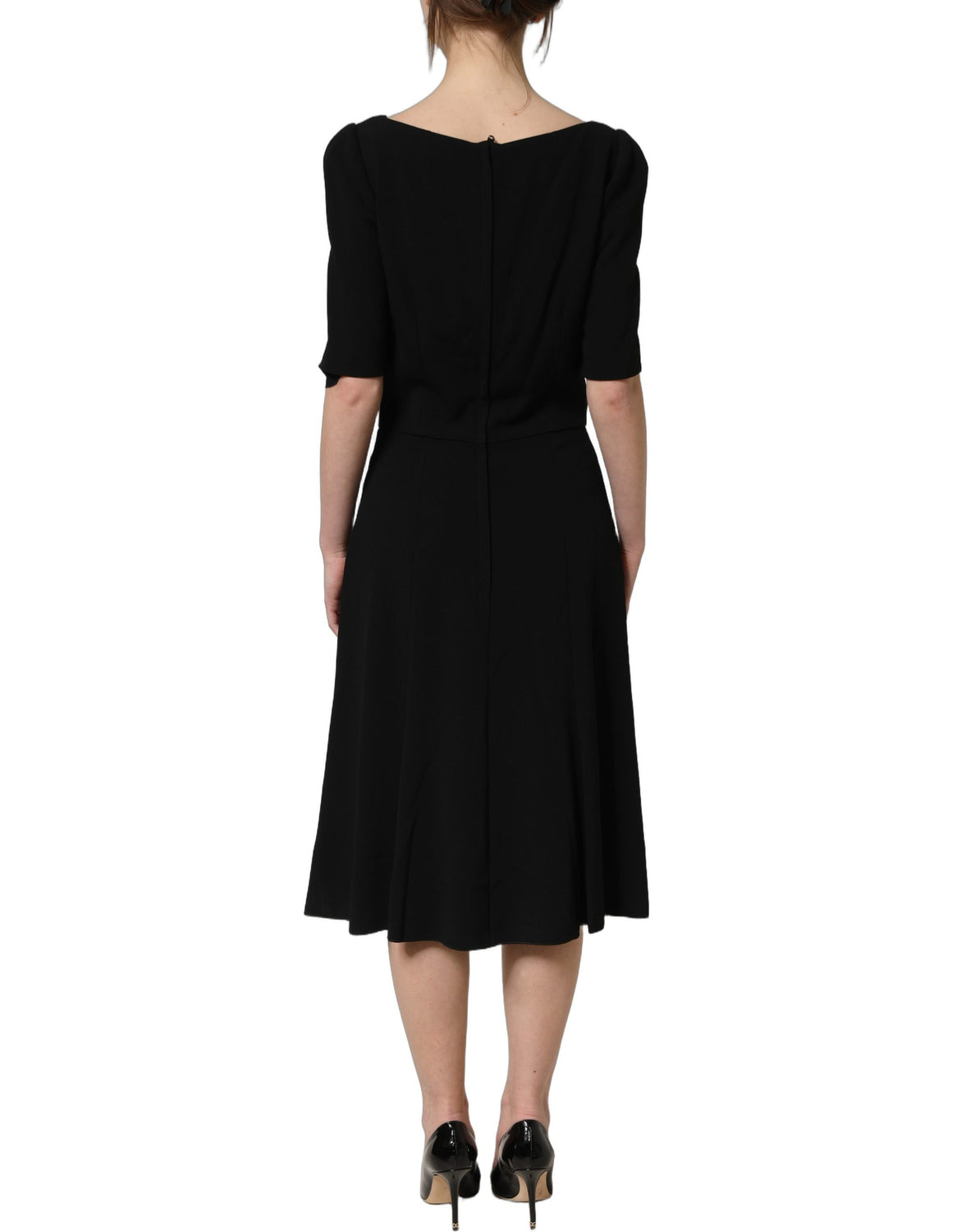 Black Viscose Short Sleeve A-line Midi Dress