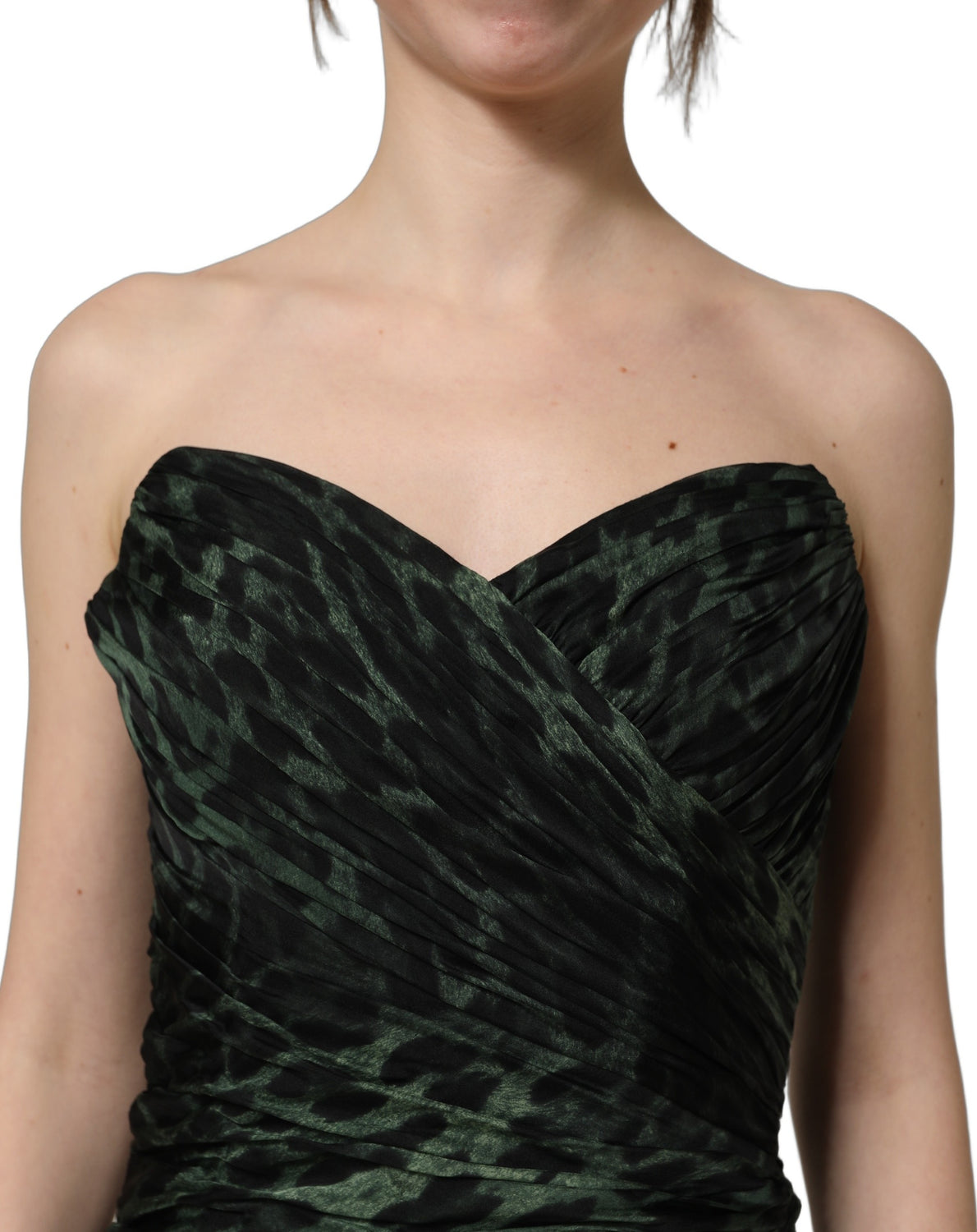 Green Leopard Print Bustier Draped Midi Dress