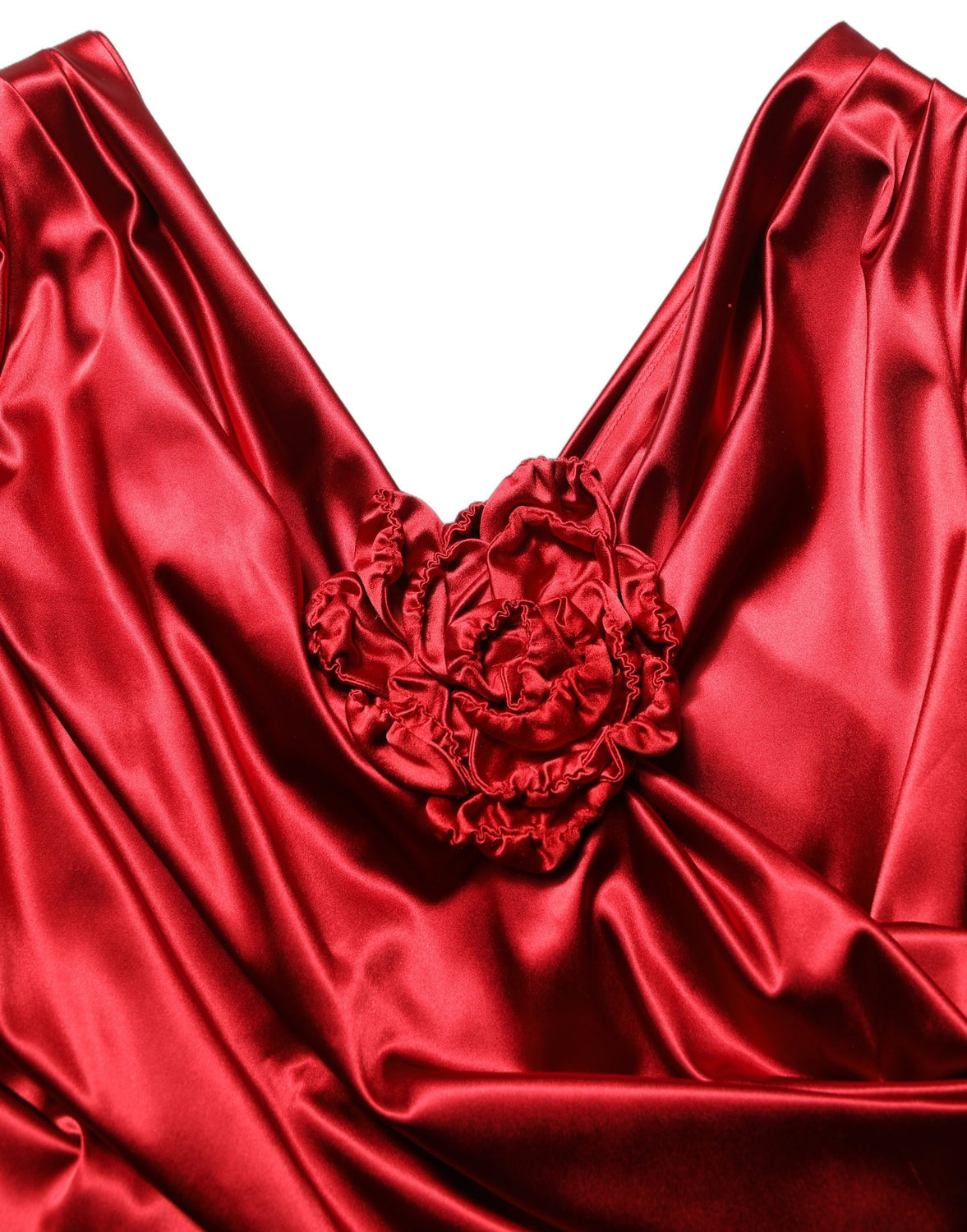 Red Silk Satin Draped Midi Floral Applique Dress
