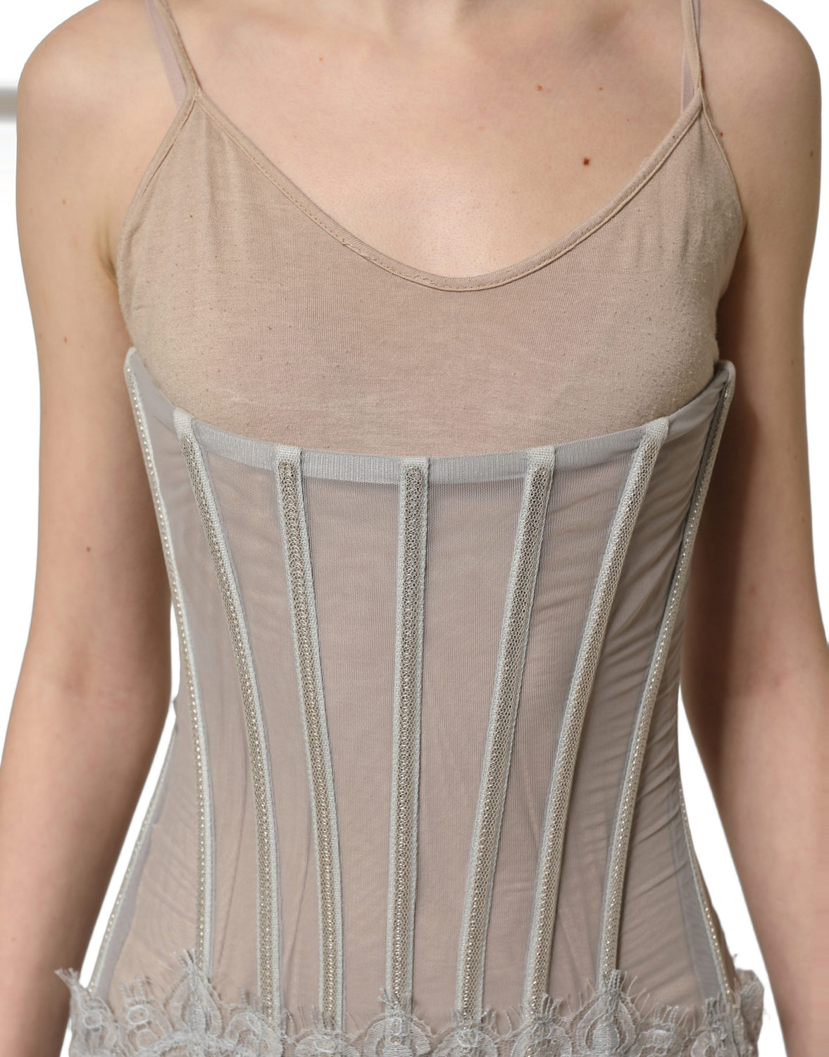 Gray Lace Corset Style Bodice Maxi Dress