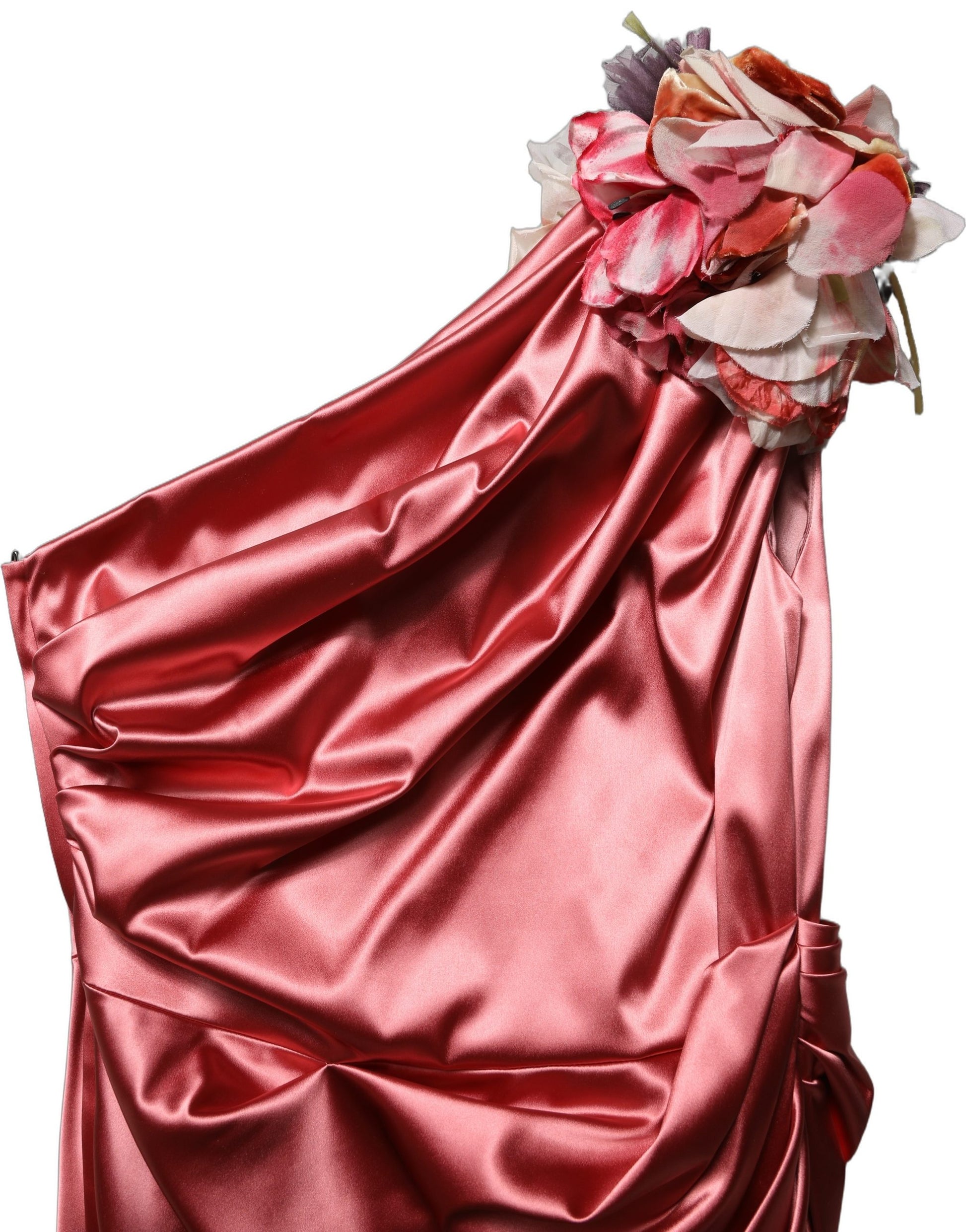 Pink Draped Midi Flower Appliques Dress