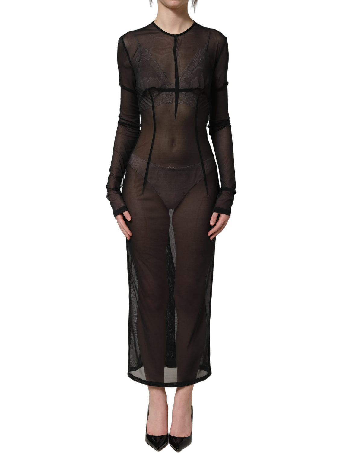 Black Long Sleeve Sheer Fitted Maxi Dress