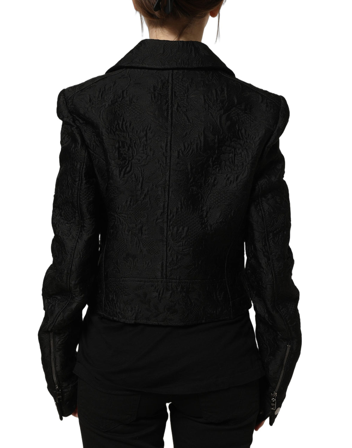 Black Floral Brocade Biker Blouson Jacket