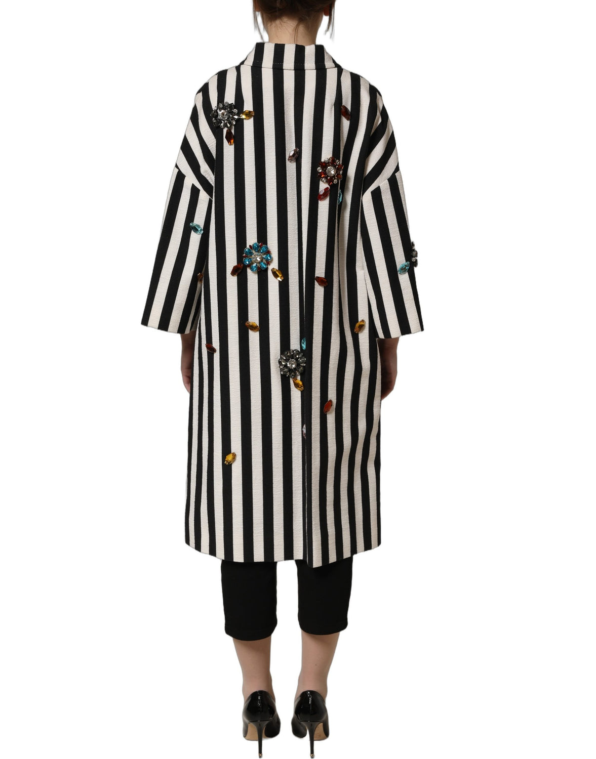 Black White Striped Embellished Coat Jacket