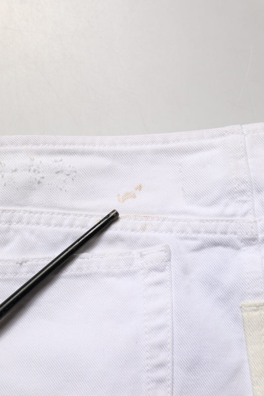 White Distressed Cotton Denim Mini Skirt