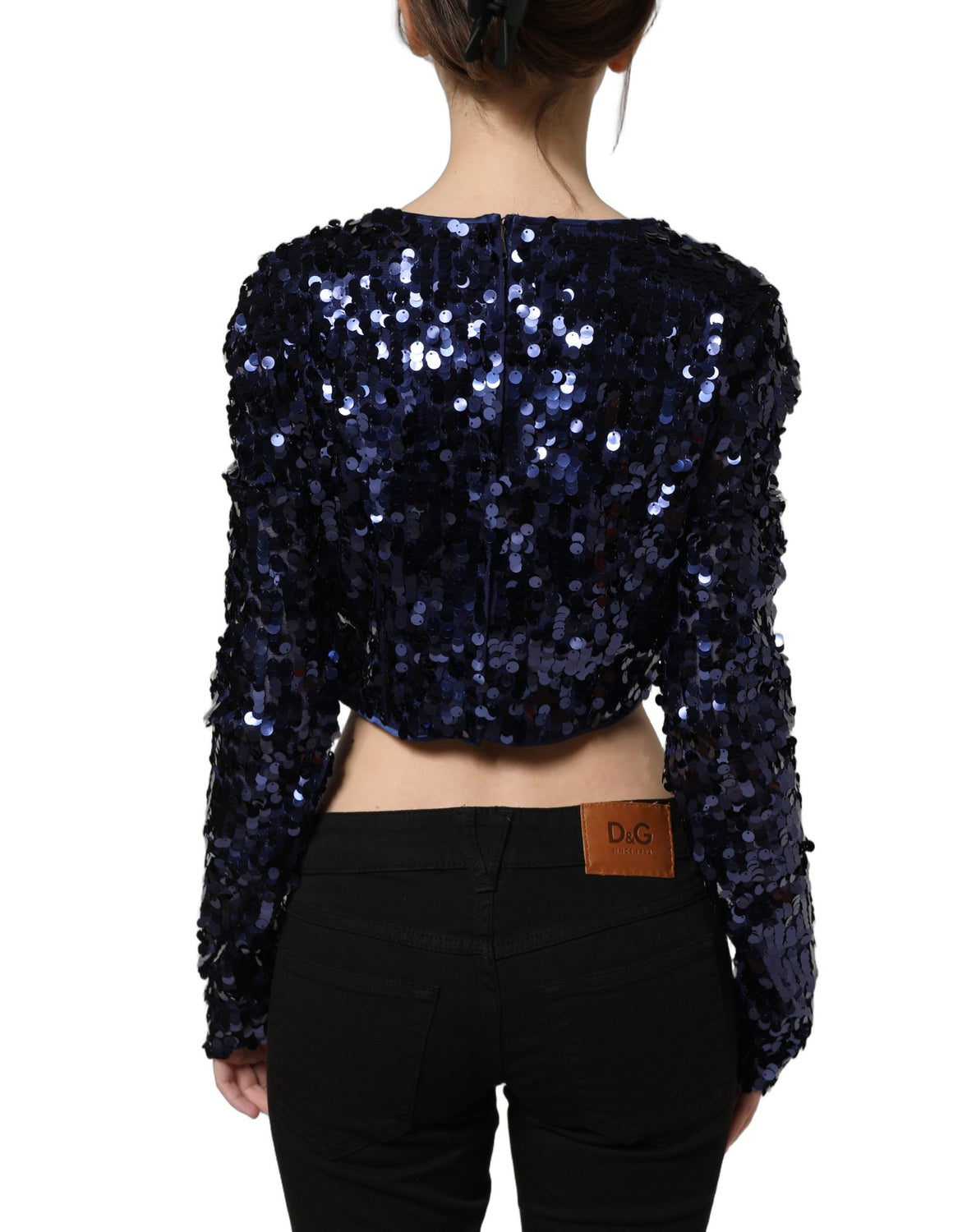 Blue Sequined Long Sleeves Crop Blouse Top