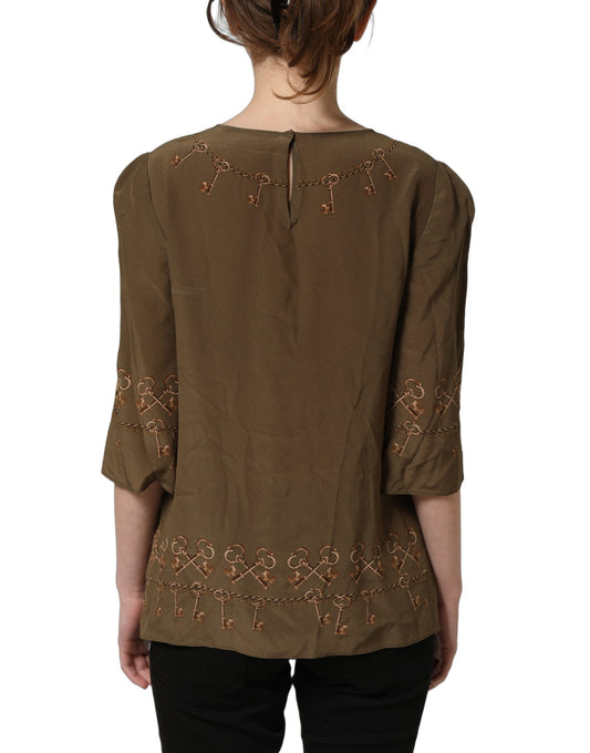 Brown Keys Roses Printed Silk Blouse Top